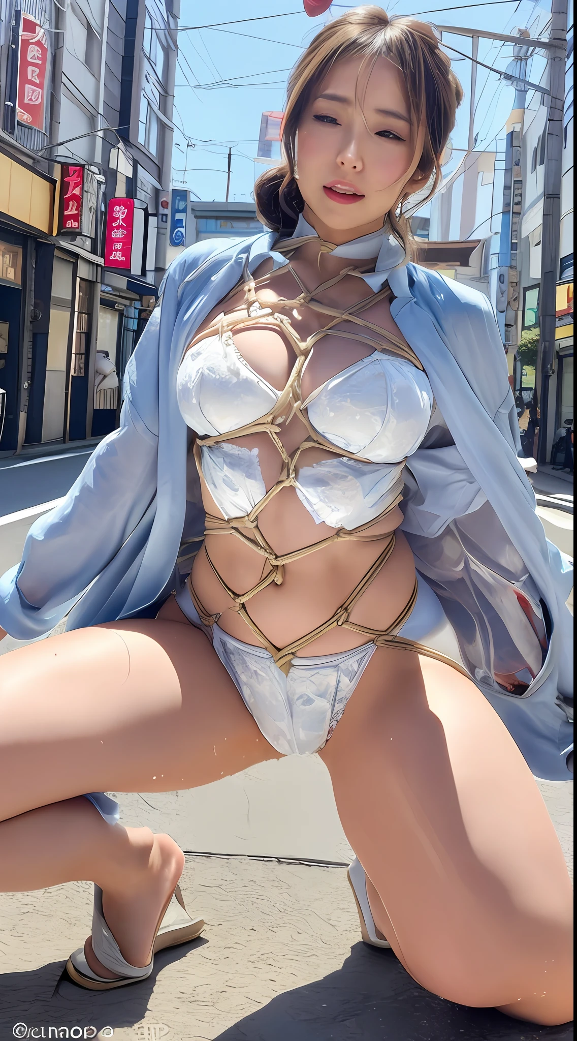 ((Best Quality, 8k, Masterpiece: 1.3)), Solo, 1 Girl, Sexy, Beautiful Girl with Accentuated Slender Abs: 1.4, (Random Hairstyle, Big: 1.2), Wet Clothes: 1.5, Ultra Detailed Face, Detail Eyes, Double Eyelids, White Sheer Lace Bikini, Selfie, (Bodybuilder: 1.5), wet,See-through white micro string bread, (( Open legs in famous street in Tokyo)) ,bust botox, sleeping beauty lying on her back, wet skin and hair, big breasts, bare lower body, no panties, Live ass), perfect body, open (perfect body, small ke ), fashion photorealism, high definition sysie details, photography, sharpness, unique 850 4, koda850 k portrait camera, f1.6 lens, rich color, hyperrealistic texture, spectacular light texture, surreal art, Cinestil 800 fashion mechanism, frightened and crying, covered in tears, obeying pain, moaning in pain, grimaces of pain, ((the rope is digging into the crotch, hands are tied behind the back)), NSFW,  (((wearing the torn sheer costume of the superheroine)))), ((no panties, no bra)), wet crotch, wet thighs, Beautiful girl with accentuated slender abs: 1.4, (((The tip is protruding, the areola is protruding, the shape of the pubic area is clearly visible))), Six-pack abs: 1.4, bust Botox, big