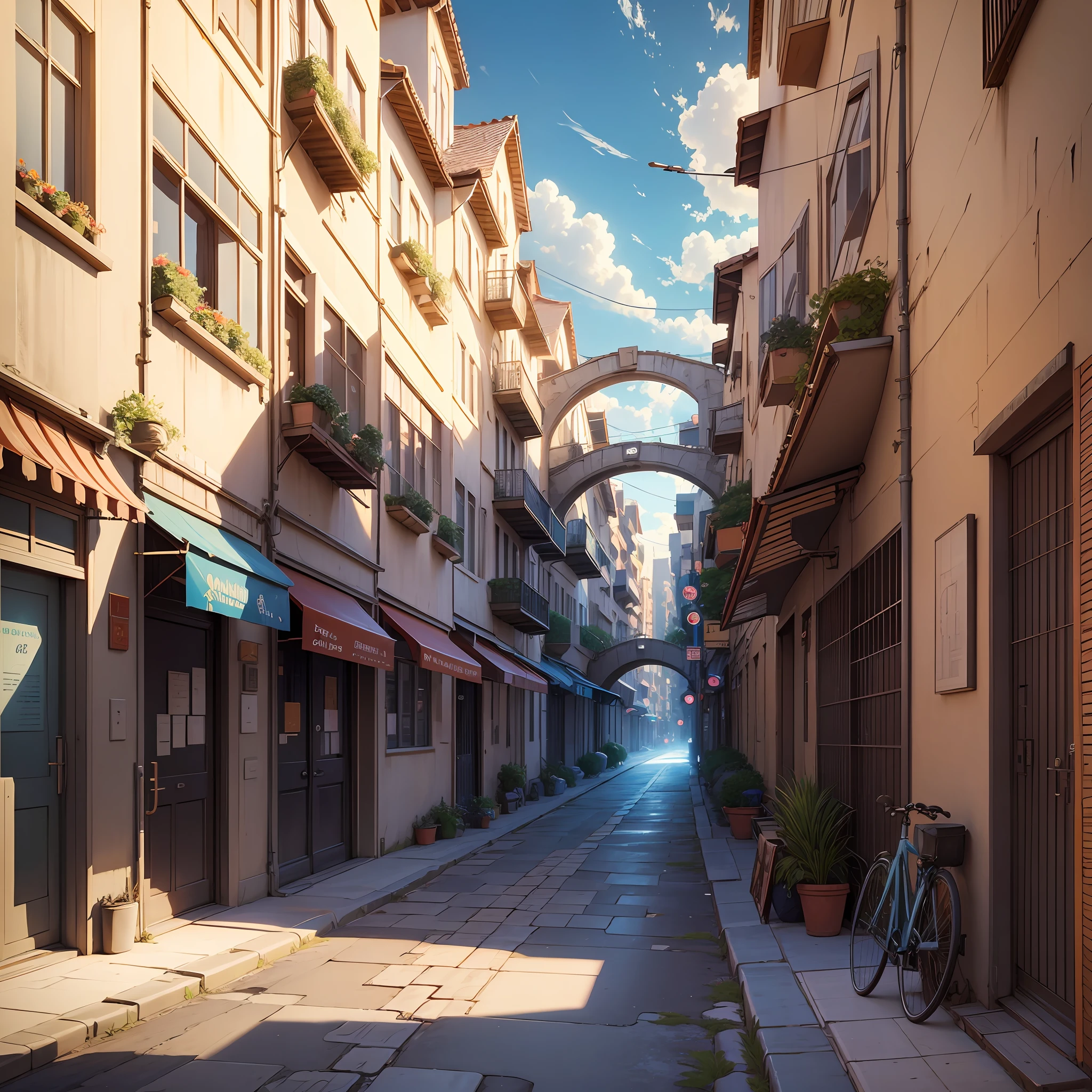 masterpiece, (very detailed CG unit 8k wallpaper) (best illustration), anime, city, urban, street, traffic, alley, blue sky, outdoor, overlook, semi-blurred, --auto --s2