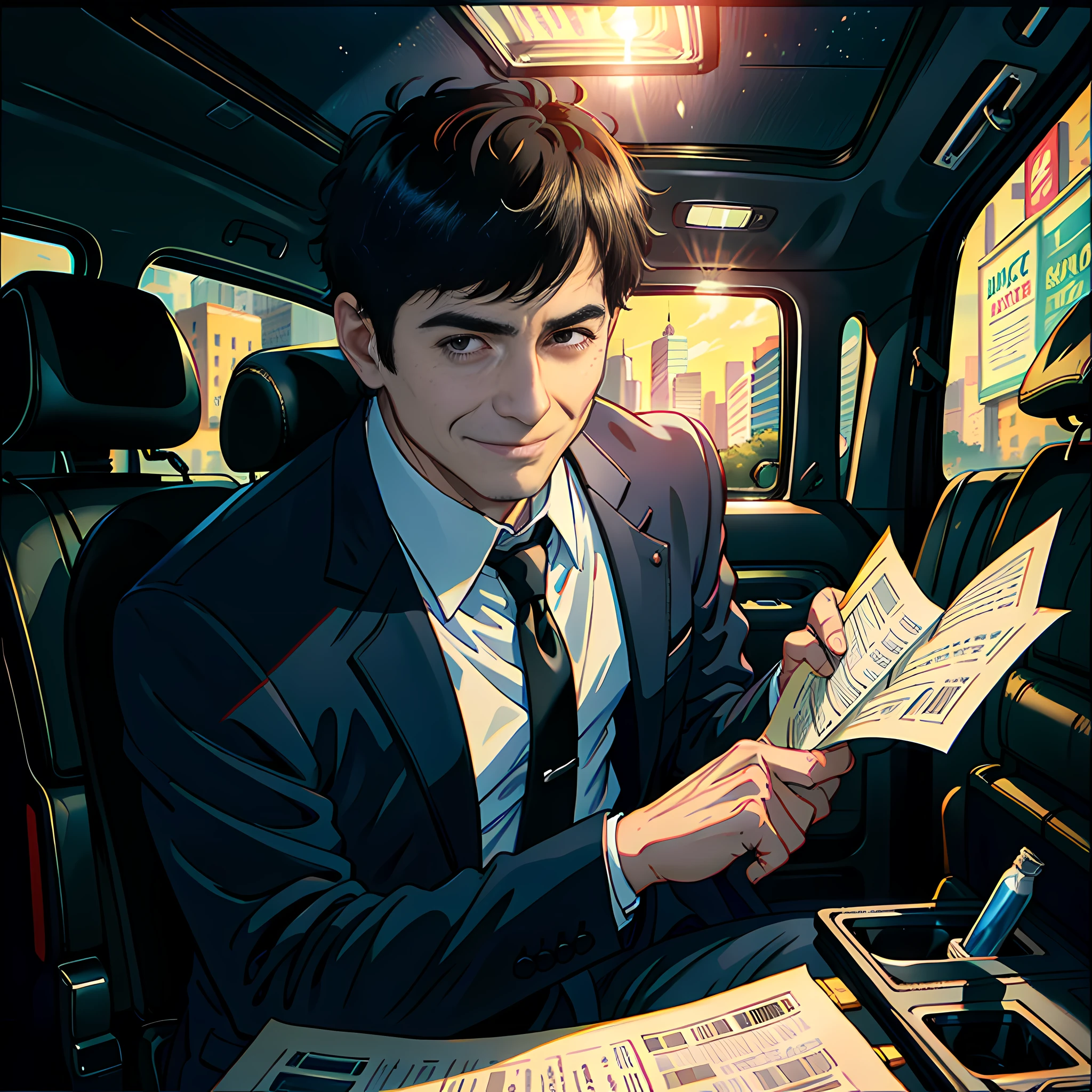 In the back seat of the car, a middle-aged man, holding several pieces of paper in his hand, face super detailed, wearing a suit, short black hair, black eyes, smiling, super high detail, highly realistic, 4K, chiaroscuro, super detail