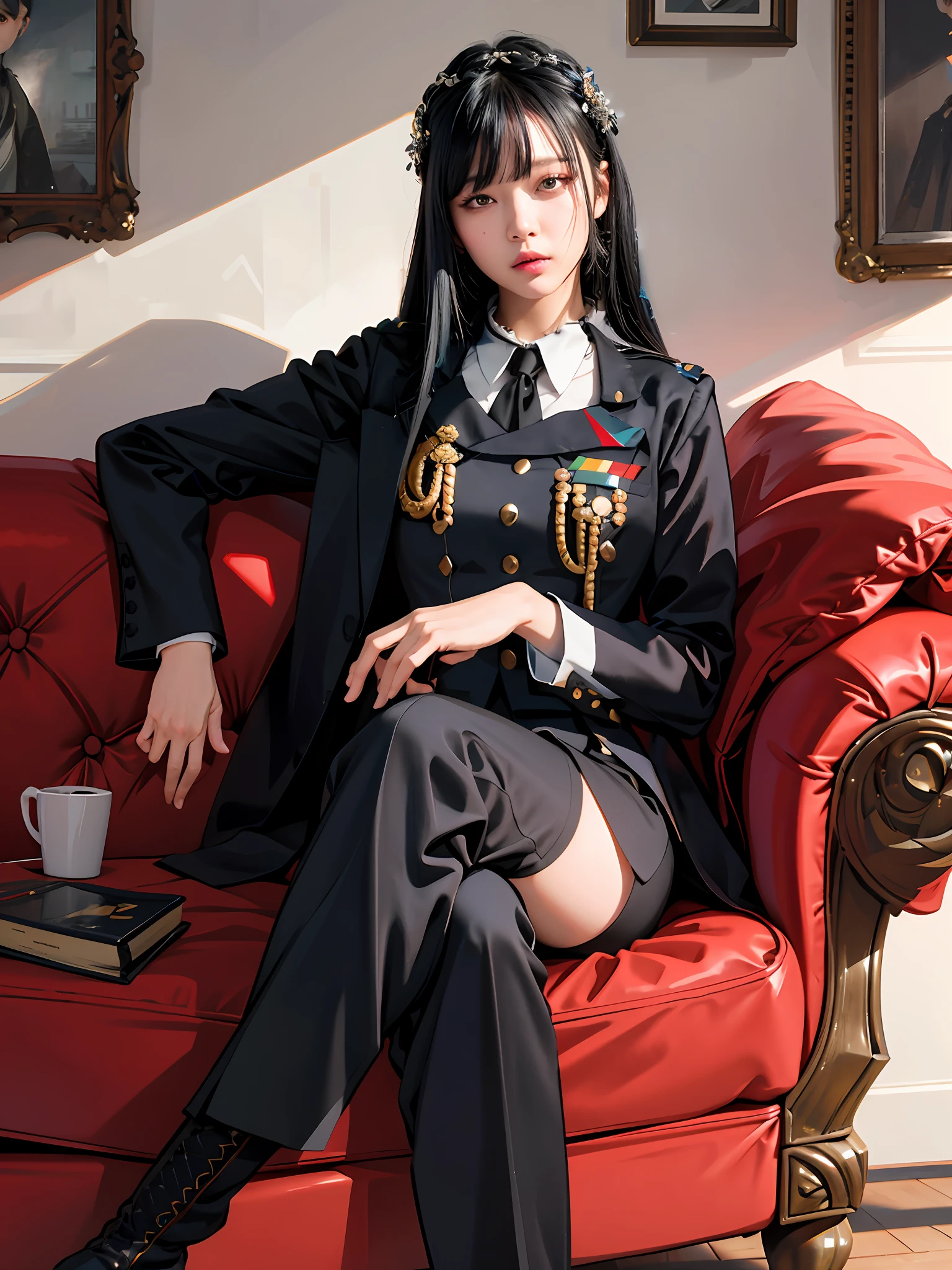 There is a woman sitting on a red couch with a cup of coffee - SeaArt AI