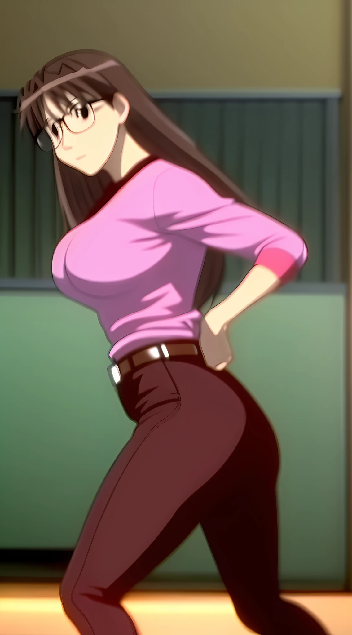 Koyomi Mizuhara, glasses, brunette hair with bangs, tight shirt, tight pants, belt, sneakers, view from behind, ass view, turned on, teasing, big breasts, sensual dancing, lewd look on her face, plump ass