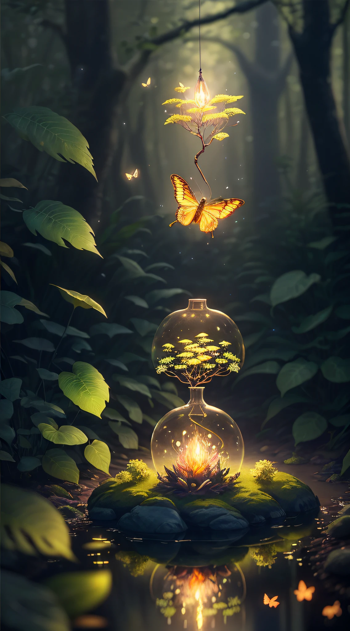 A masterpiece, the best quality, stunning reflections, the best reflections ever. (very detailed CG unity 8k wallpapers), (best quality), (best illustrations), forest theme with natural elements. Tall trees, quiet streams, glowing little mushrooms surrounded by delicate leaves and branches, as well as fireflies and glowing particle effects fawns, colorful flowers,, (natural elements), (jungle theme), (leaves), (twigs), (fireflies), butterflies, (delicate leaves), (glow), (particle effects). , Isometric 3D, Octane Rendering, Ray Traced, Super Detailed