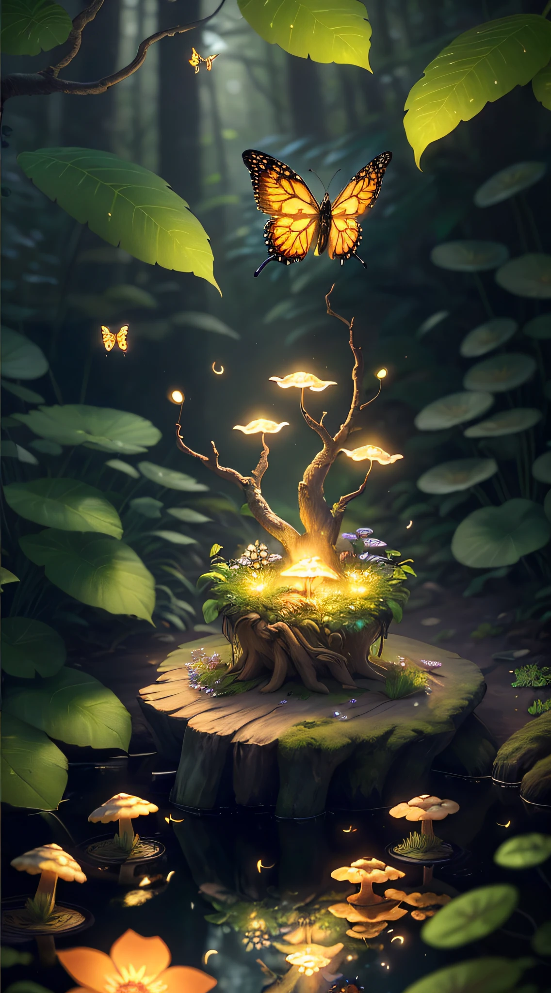 A masterpiece, the best quality, stunning reflections, the best reflections ever. (very detailed CG unity 8k wallpapers), (best quality), (best illustrations), forest theme with natural elements. Tall trees, quiet streams, glowing little mushrooms surrounded by delicate leaves and branches, as well as fireflies and glowing particle effects fawns, colorful flowers,, (natural elements), (jungle theme), (leaves), (twigs), (fireflies), butterflies, (delicate leaves), (glow), (particle effects). , Isometric 3D, Octane Rendering, Ray Traced, Super Detailed