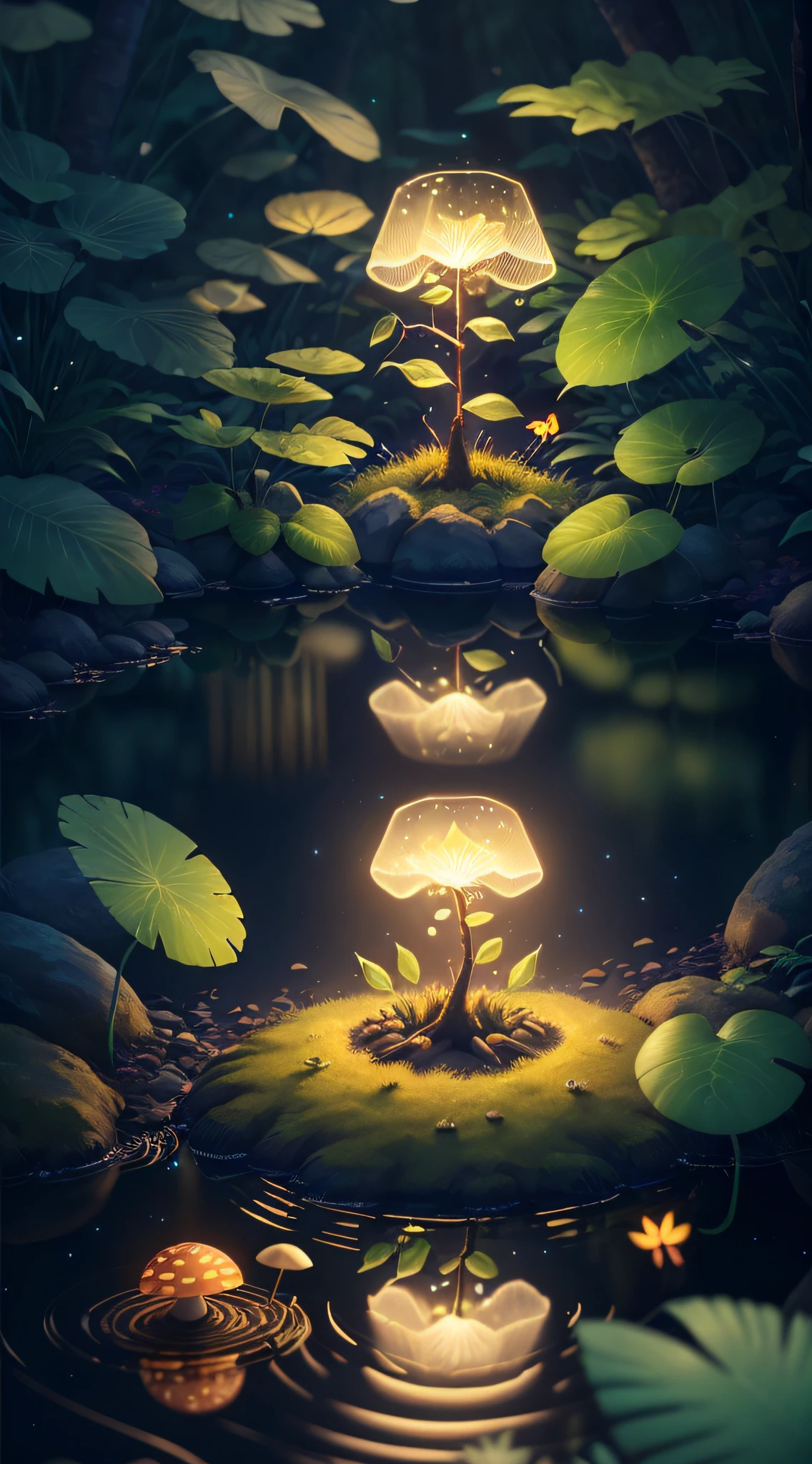 A masterpiece, the best quality, stunning reflections, the best reflections ever. (very detailed CG unity 8k wallpapers), (best quality), (best illustrations), forest theme with natural elements. Tall trees, quiet streams, glowing little mushrooms surrounded by delicate leaves and branches, as well as fireflies and glowing particle effects fawns, colorful flowers,, (natural elements), (jungle theme), (leaves), (twigs), (fireflies), butterflies, (delicate leaves), (glow), (particle effects). , Isometric 3D, Octane Rendering, Ray Traced, Super Detailed