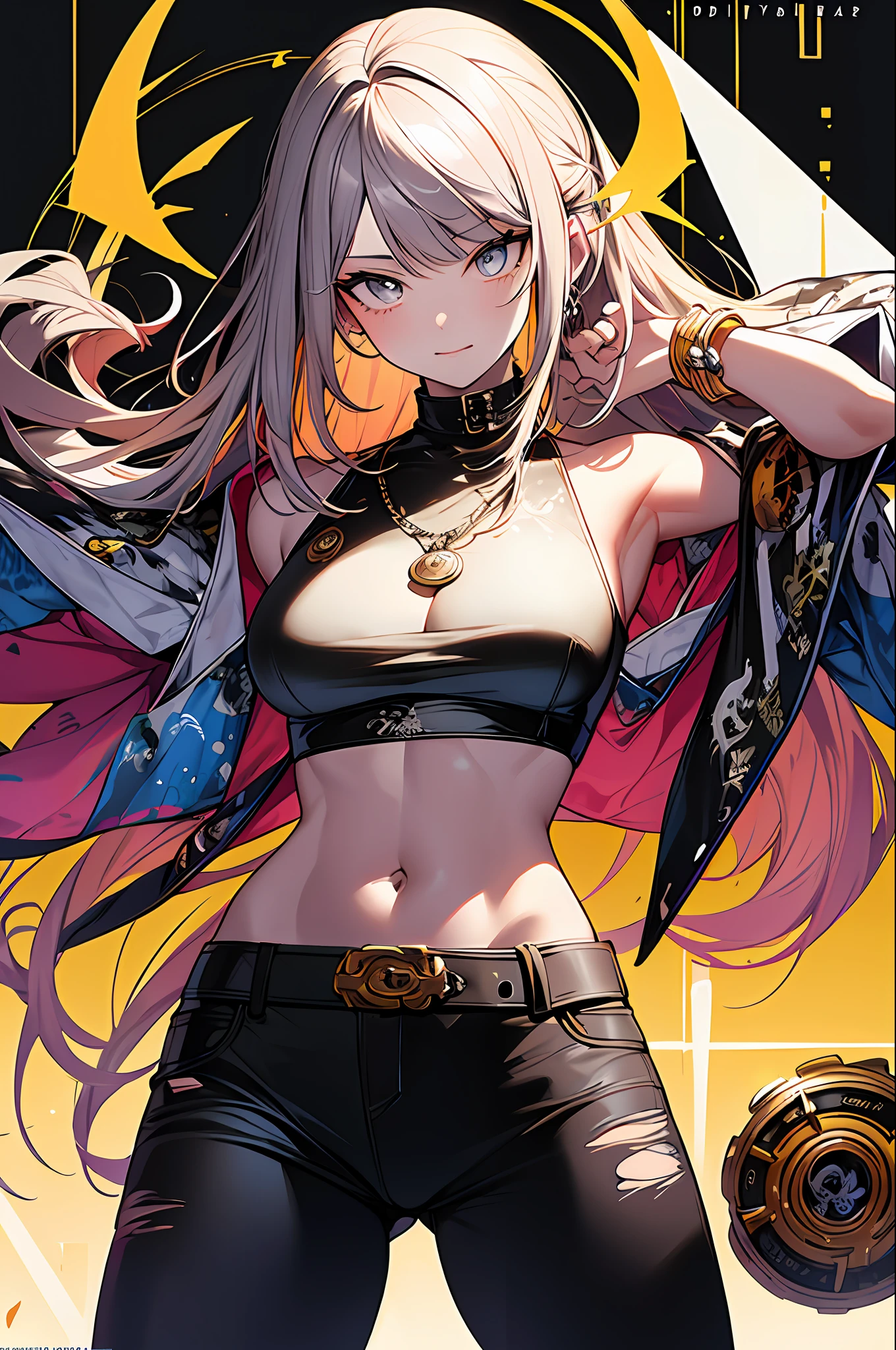 background, mixed-language_text, Japanese letters in graffit ,girls, excellent lighting, sidelighting, (), vhsKeeper,, style GUILTY GEAR -STRIVE perfect ultimate (flat color: 1.3), (magazine_cover: 1.4), (multicolored_background: 1.3), striped_background, card_background, :: comix style by joe madureira :: circular pieces of white metals glued to the arms coming out shimmering yellow glow, , perfect and detailed, ultra detailed shirt with abstract design and with letter print Japanese in graffit of the sides of clothing, Big Breast image of full-body girls fighting alongside you with powerful dragons versus alien creature full of tentacles, with immersive effects, hover effect, background graffiti style tribal tattoo with vibrant colors "HDR ultra" detailed and with focus effect, (masterpiece: 1.2, best quality), (beautiful eyes finely detailed: 1.2), , ((Solo)), (Finely detailed eyes and detailed face :1.3), in various full-body attack poses, (cute background: 1.2),futuristic costume, Super detailed circular metals Clinging to arms and pants, fantastic paintings