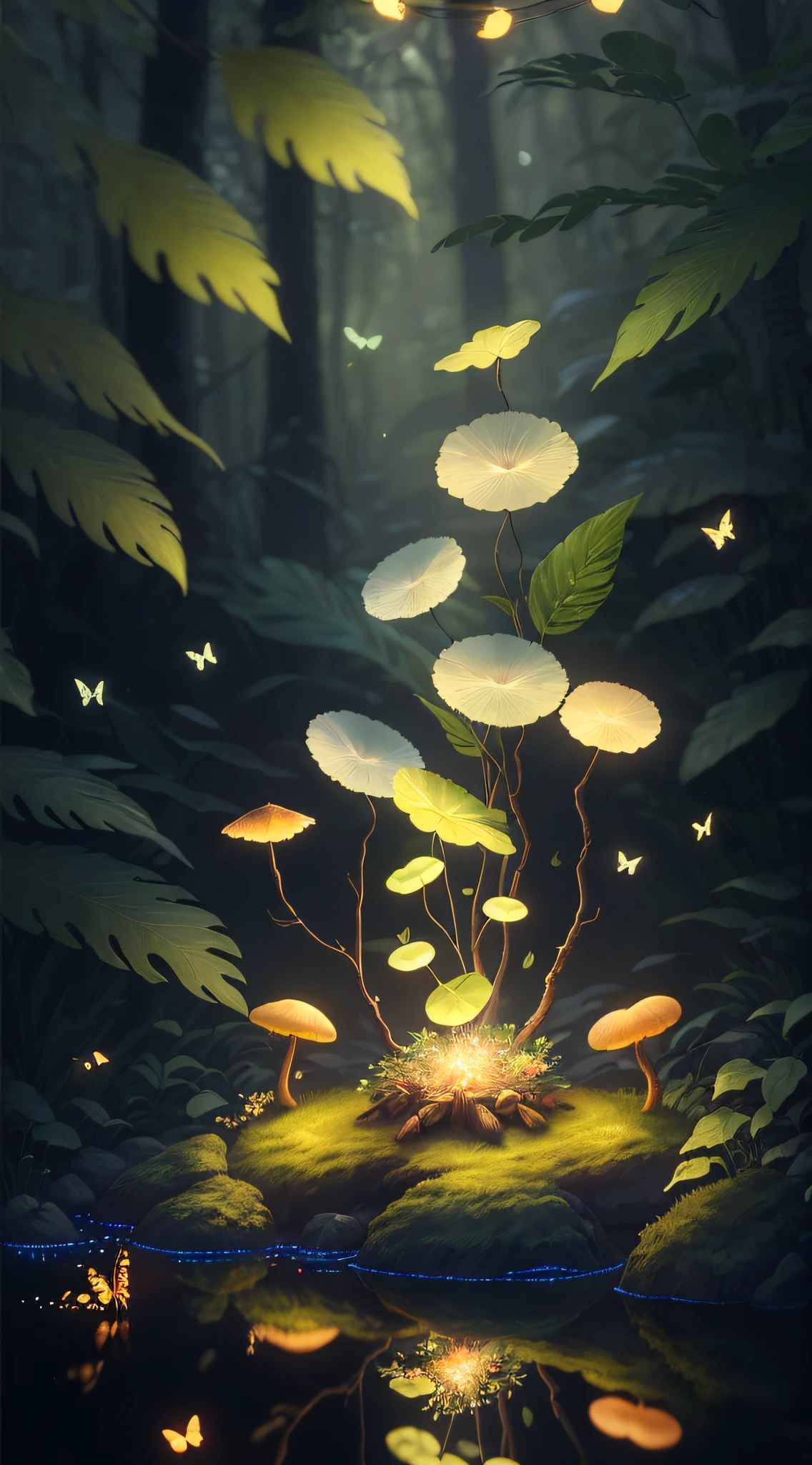 A masterpiece, the best quality, stunning reflections, the best reflections ever. (very detailed CG unity 8k wallpapers), (best quality), (best illustrations), forest theme with natural elements. Tall trees, quiet streams, glowing little mushrooms surrounded by delicate leaves and branches, as well as fireflies and glowing particle effects fawns, colorful flowers,, (natural elements), (jungle theme), (leaves), (twigs), (fireflies), butterflies, (delicate leaves), (glow), (particle effects). , Isometric 3D, Octane Rendering, Ray Traced, Super Detailed