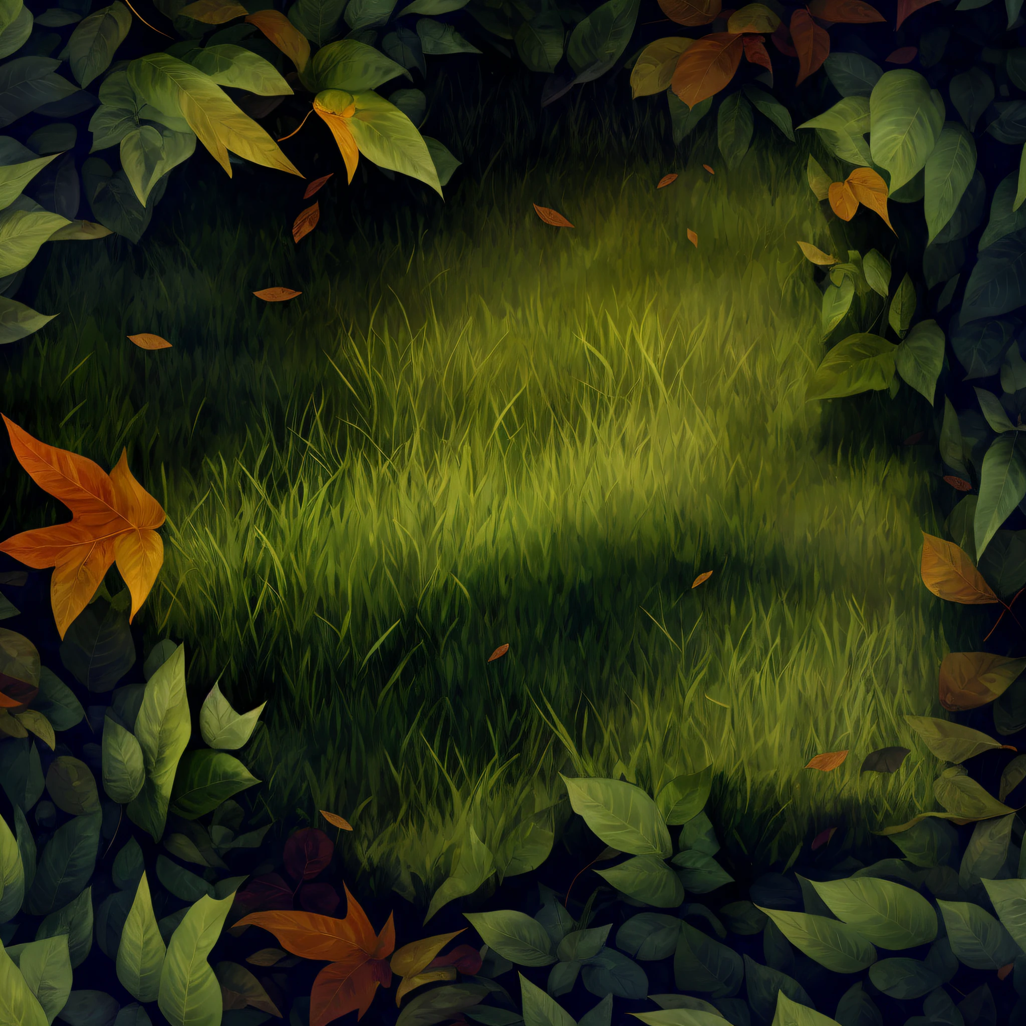 there is a picture of a grassy area with leaves surrounding it, overgrown background, background artwork, autumn overgrowth, detailed forest background, background art, realistic detailed background, soft forest background, realistic background, luminous grassy background, woodland background, random background scene, fantasy forrest background, mystical forest background, fantasy forest background, magical forest background, overgrown foliage