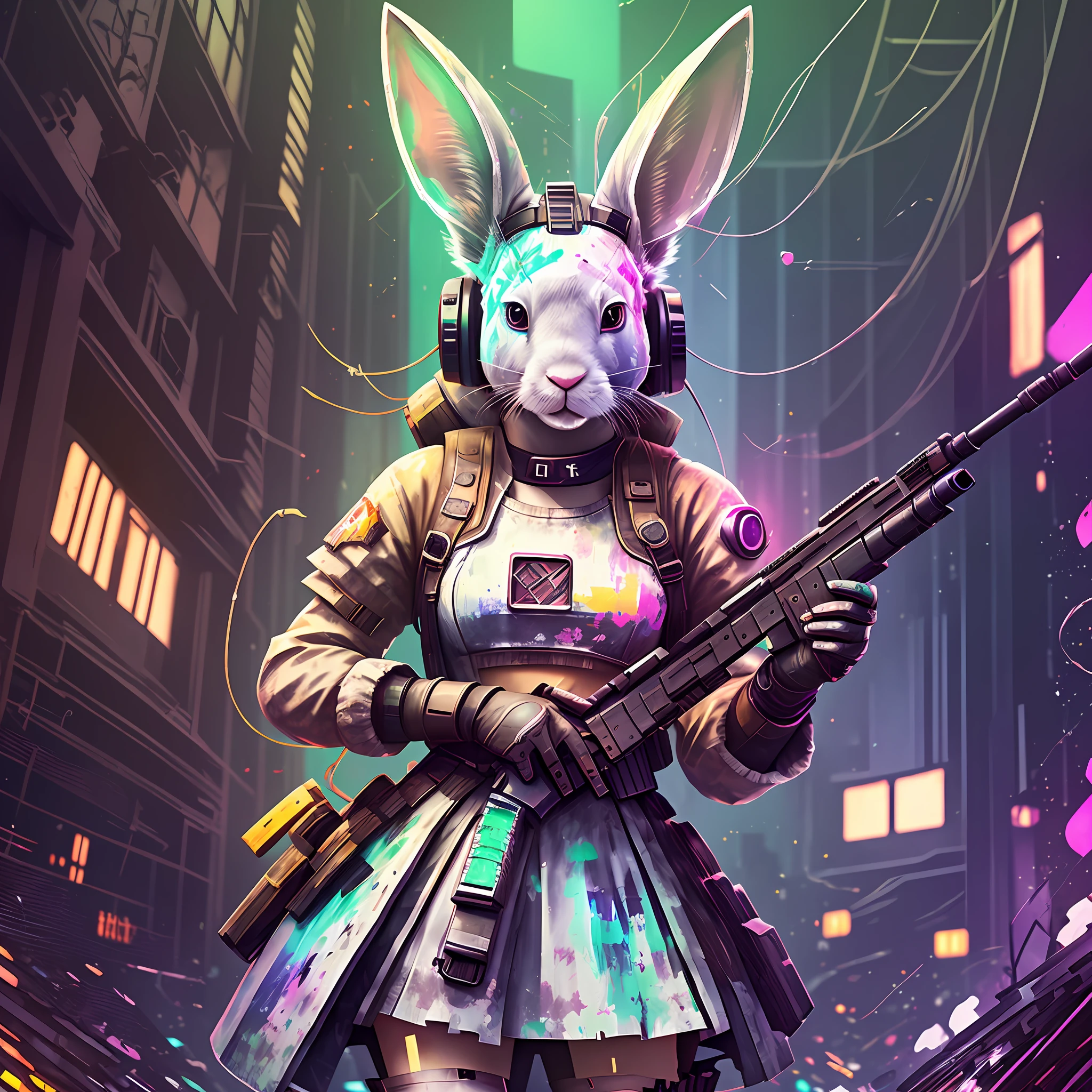(Digital Art, Ultra HD, Ultra Detail Painting), (High Contrast), Cute Haunted Rabbit, Gun, Concept Art, Girl in Colorful Skirt with Rabbit Ears, Cyberpunk, Ruined Ruins, Battlefield, Neon Color, 16k, Wide Angle --auto --s2