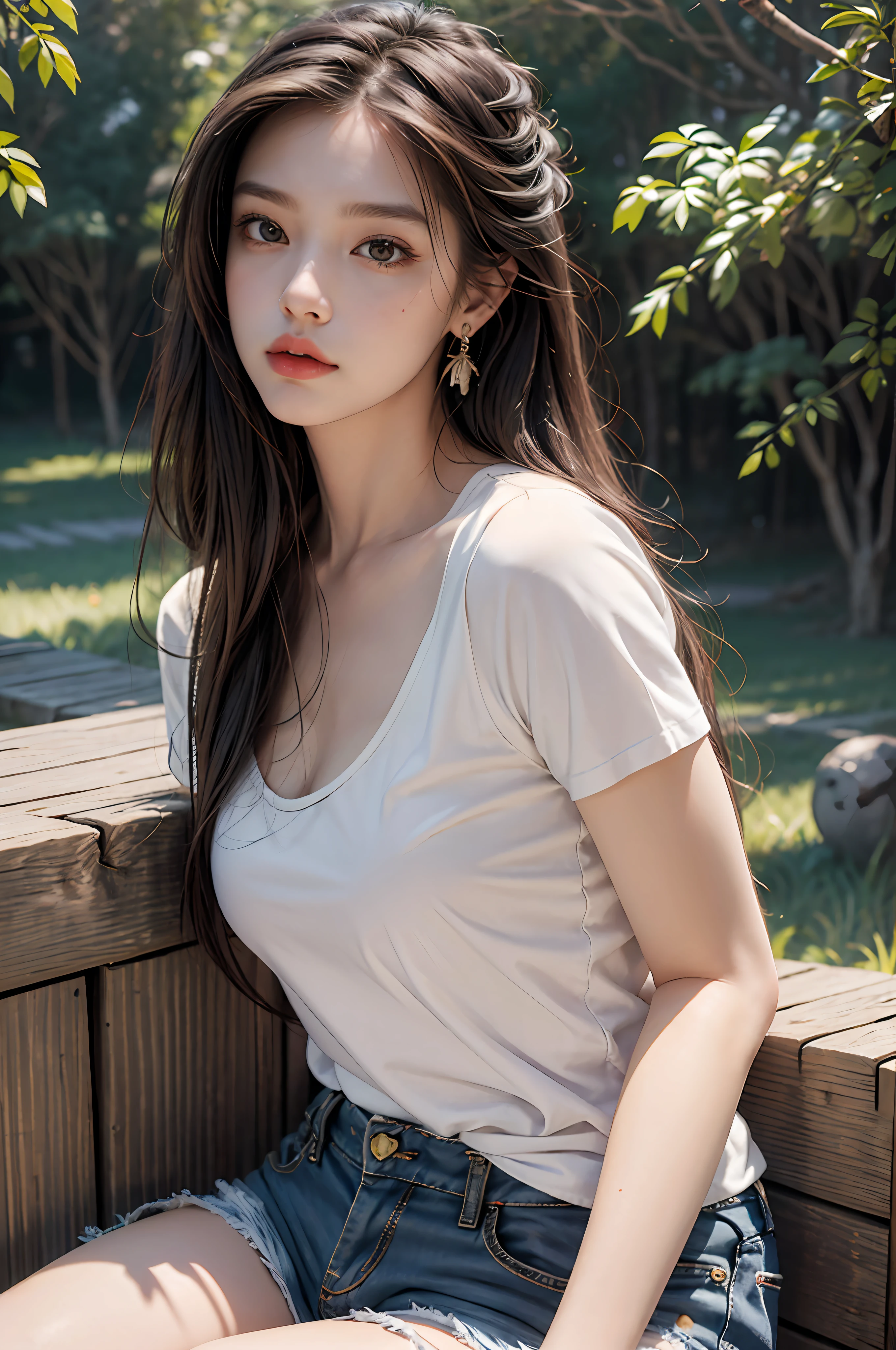Best quality, masterpiece, super high resolution, (realistic: 1.4), original photo, (evening street), 1 girl, black eyes, looking at the audience, long hair, light makeup, lips, small ears, white t-shirt, denim shorts, earrings, sitting Ferrari, big breasts, slim