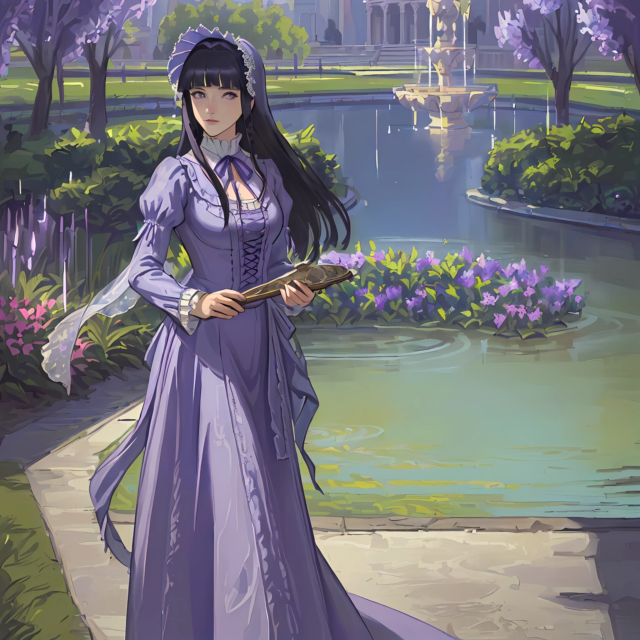 ((((masterpiece)))), (best quality), ((Hyper detailed)), ((High
 detail)), ((Exquisite detail)), (1 girl), (solo), (cowboy shot), (looking
 at viewer),((outside)), (((antique))), ((palace)), ((garden)), ((fountain)),
(flower), ((mature female)),((purple victorian dress)), ((medium breasts)),
((bonnet)), (long hair), hinata/(boruto/), dark blue hair, detailed lips, wavy hair