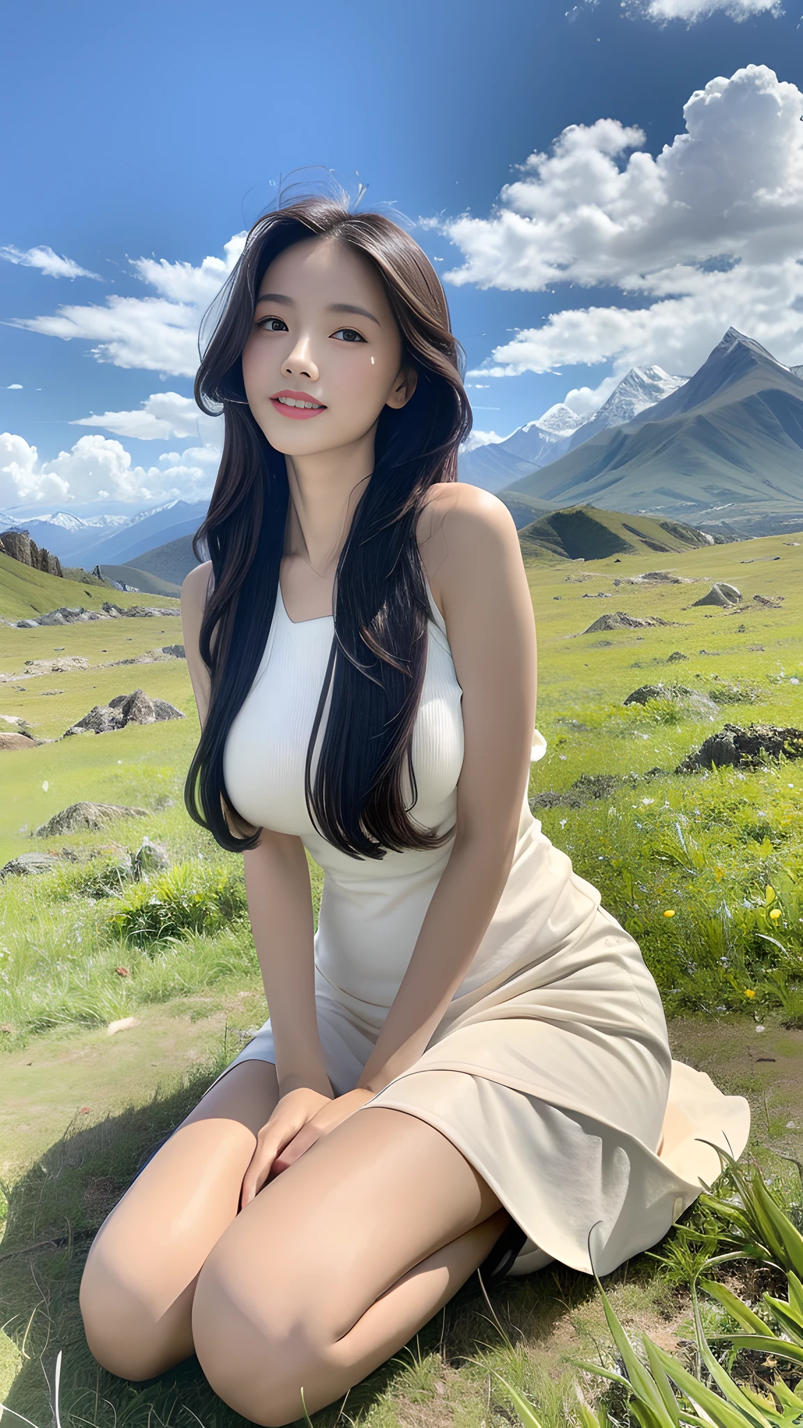 ((best quality, 8k, masterpiece:1.3)), a beautiful girl, pure, melon face, gentle and cute, thin figure, (frontal), (tilted head), looking directly into the camera, [detached sleeves::0], [collared shirt::0], [capri pants::0], black silky long straight hair, long hair flowing over the shoulders, round black big eyes, clear big eyes, moist red lips, sweet smile, sitting, hands on knees, Blue sky and white clouds, sunshine, grassland, mountain peaks, northern view of Tibetan grassland