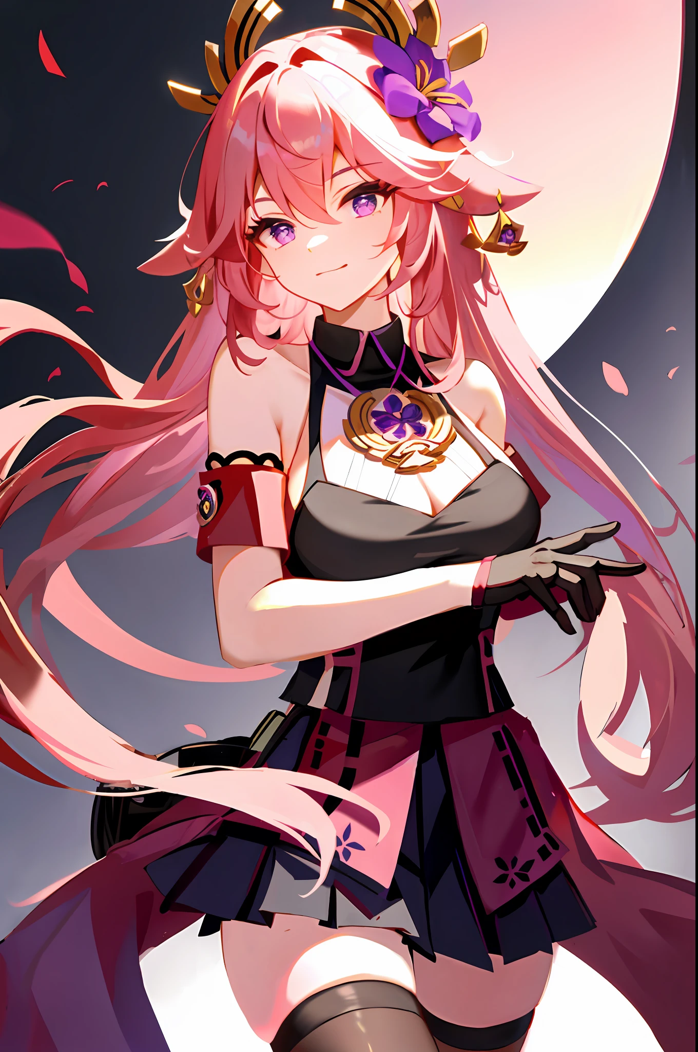 yae miko, 1girl, solo, alternate costume, black thighhighs, breasts, cleavage, uniform, office costume, pleated skirt, office, hair between eyes, hair flower, hair ornament, halterneck, large breasts, long hair, looking at viewer, necklace, pink hair, pink nails, purple eyes, see-through gloves, solo, thighhighs, thighs, very long hair, ((masterpiece)),