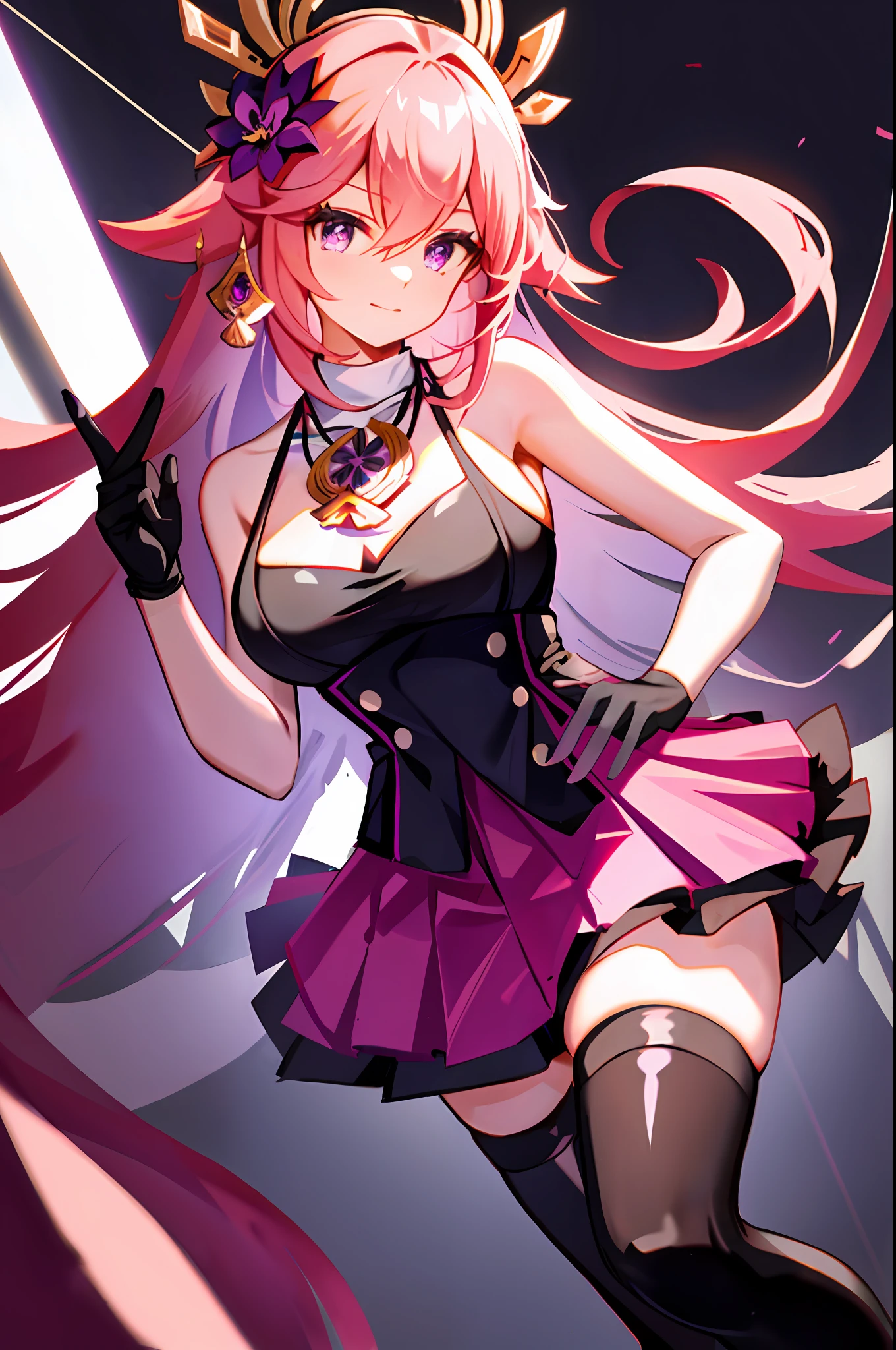 yae miko, 1girl, solo, alternate costume, black thighhighs, breasts, cleavage, uniform, office costume, pleated skirt, office, hair between eyes, hair flower, hair ornament, halterneck, large breasts, long hair, looking at viewer, necklace, pink hair, pink nails, purple eyes, see-through gloves, solo, thighhighs, thighs, very long hair, ((masterpiece)),