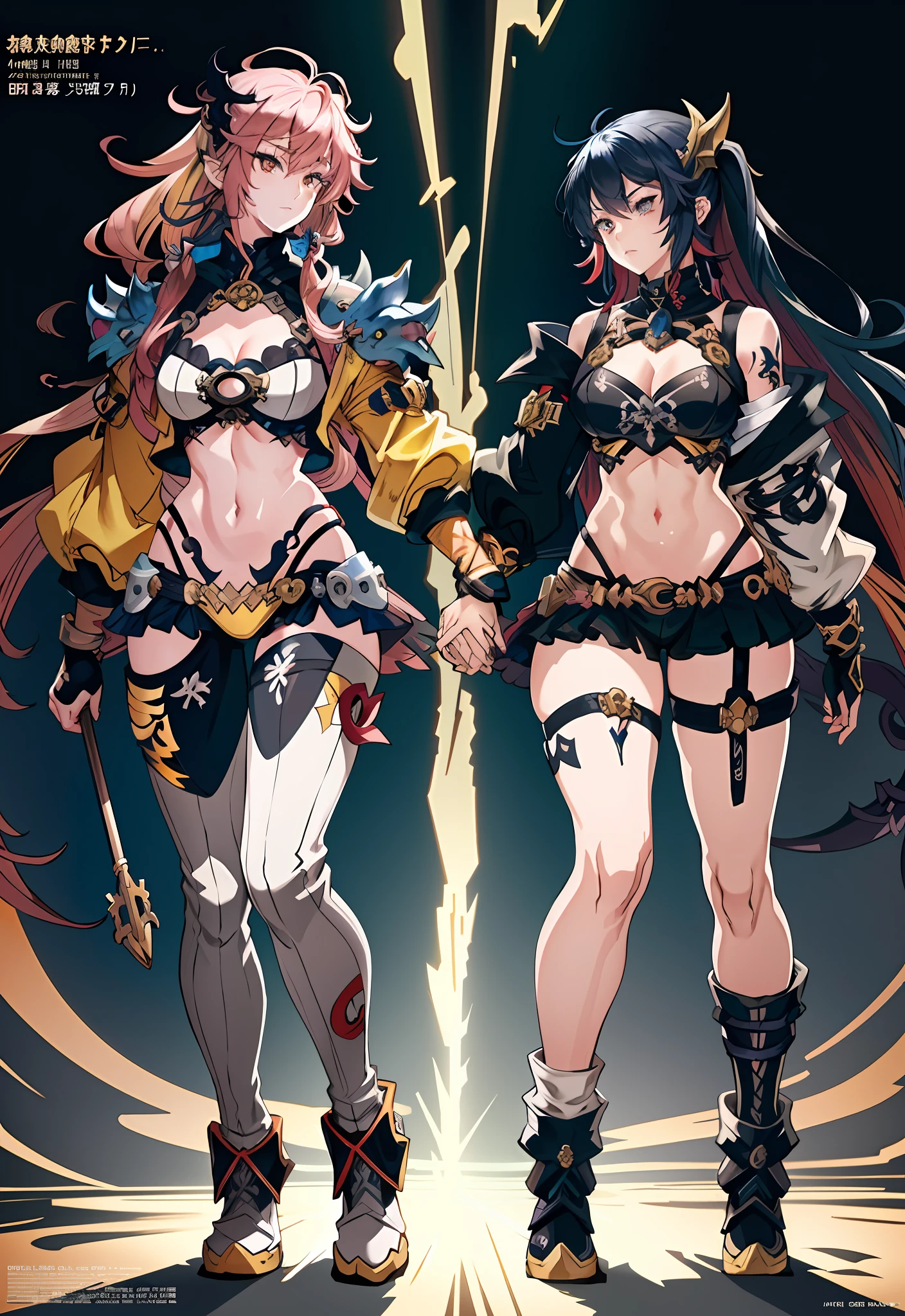 background, mixed-language_text, Japanese letters in graffit ,girls, excellent lighting, sidelighting, (), vhsKeeper,, style GUILTY GEAR -STRIVE perfect ultimate (flat color: 1.3), (magazine_cover: 1.4), (multicolored_background: 1.3), striped_background, card_background, :: comix style by joe madureira :: circular pieces of white metals glued to the arms coming out shimmering yellow glow, , perfect and detailed, ultra detailed shirt with abstract design and with letter print Japanese in graffit of the sides of clothing, image of full-body girls fighting alongside you with powerful dragons versus alien creature full of tentacles, with immersive effects, hover effect, background graffiti style tribal tattoo with vibrant colors "HDR ultra" detailed and with focus effect, (masterpiece: 1.2, best quality), (beautiful eyes finely detailed: 1.2), , ((Solo)), (Finely detailed eyes and detailed face :1.3), in various full-body attack poses, (cute background: 1.2),futuristic costume, super detailed circular metals Clinging to arms and pants, fantastic paintings