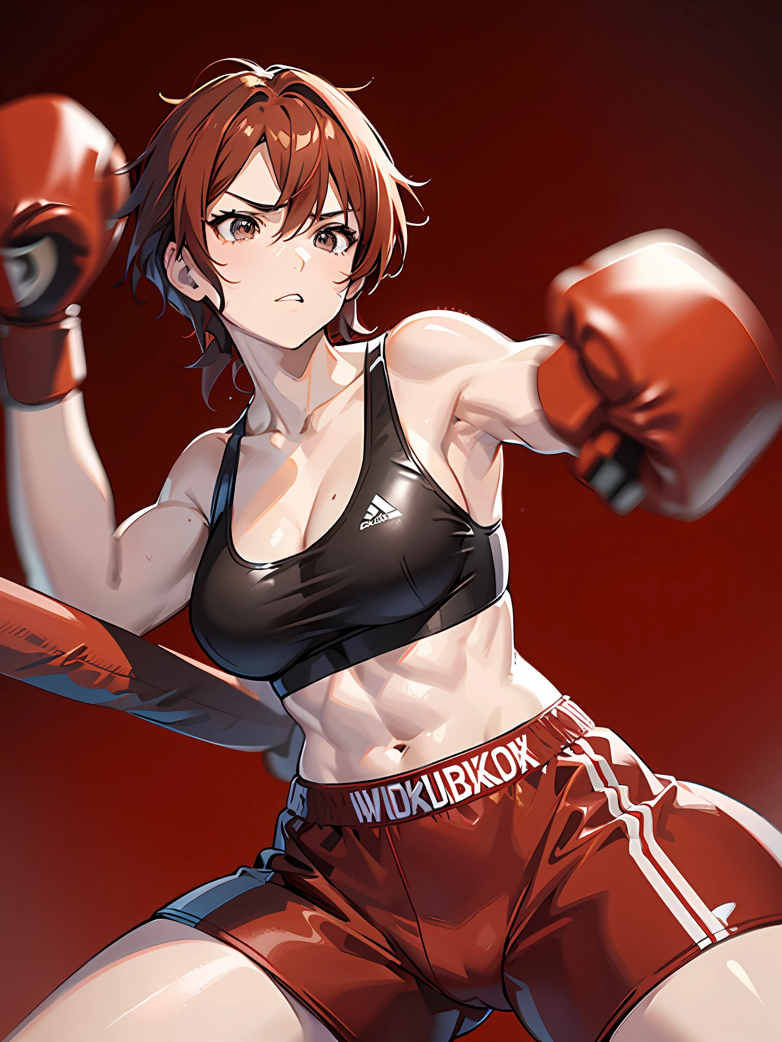 Mature boxer. Her hair color is reddish brown. Shortcut. He's wearing red boxing gloves. Wearing a black sports bra. Calm look. Muscle. One woman. Ready to fight. Make a fist. Well-shaped boxing gloves. ((Punching)). Angle from below. Looking beyond