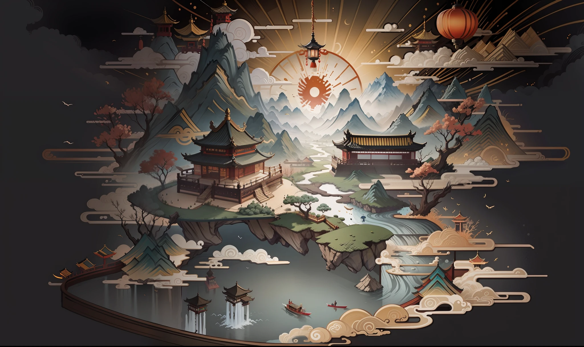 An ancient Chinese painting, ancient Chinese background, mountains, rivers, auspicious clouds, pavilions, sunshine, masterpieces, super detail, epic composition, ultra HD, high quality, extremely detailed, official art, unified 8k wallpaper, Super detail, 32k -- v 6