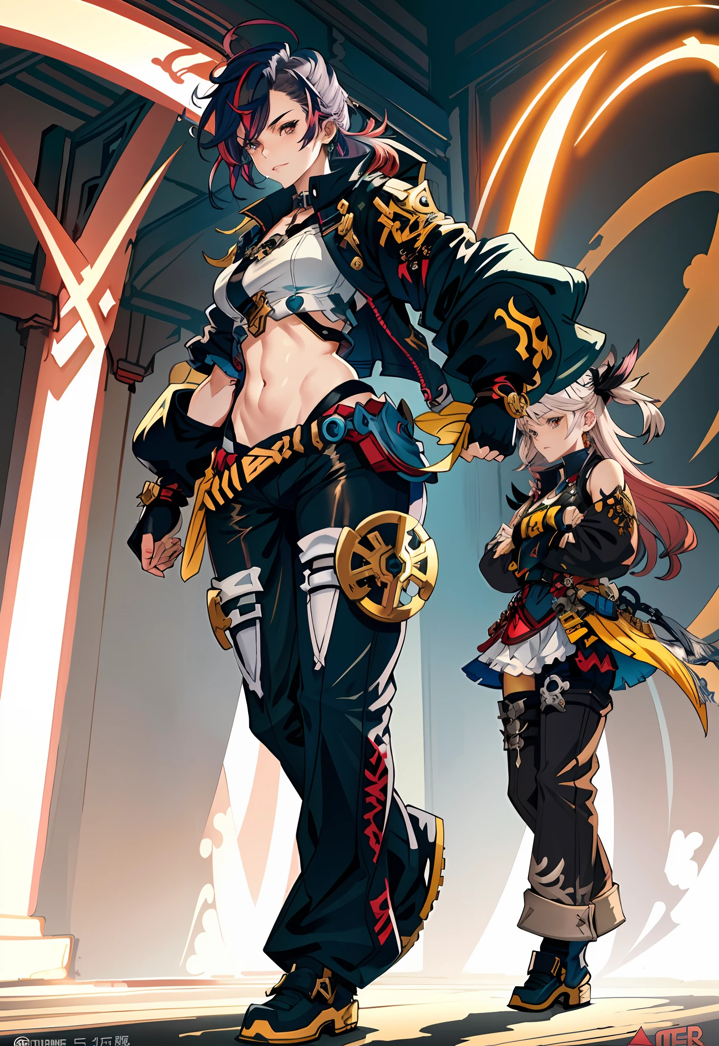 background, mixed-language_text, Japanese letters in graffit ,girls, excellent lighting, sidelighting, (), vhsKeeper,, style GUILTY GEAR -STRIVE perfect ultimate (flat color: 1.3), (magazine_cover: 1.4), (multicolored_background: 1.3), striped_background, card_background, :: comix style by joe madureira :: circular pieces of white metals glued to the arms coming out shimmering yellow glow, , perfect and detailed, ultra detailed shirt with abstract design and with letter print Japanese in graffit of the sides of clothing, image of full-body girls fighting alongside you with powerful dragons versus alien creature full of tentacles, with immersive effects, hover effect, background graffiti style tribal tattoo with vibrant colors "HDR ultra" detailed and with focus effect, (masterpiece: 1.2, best quality), (beautiful eyes finely detailed: 1.2), , ((Solo)), (Finely detailed eyes and detailed face :1.3), in various full-body attack poses, (cute background: 1.2),futuristic costume, super detailed circular metals Clinging to arms and pants, fantastic paintings