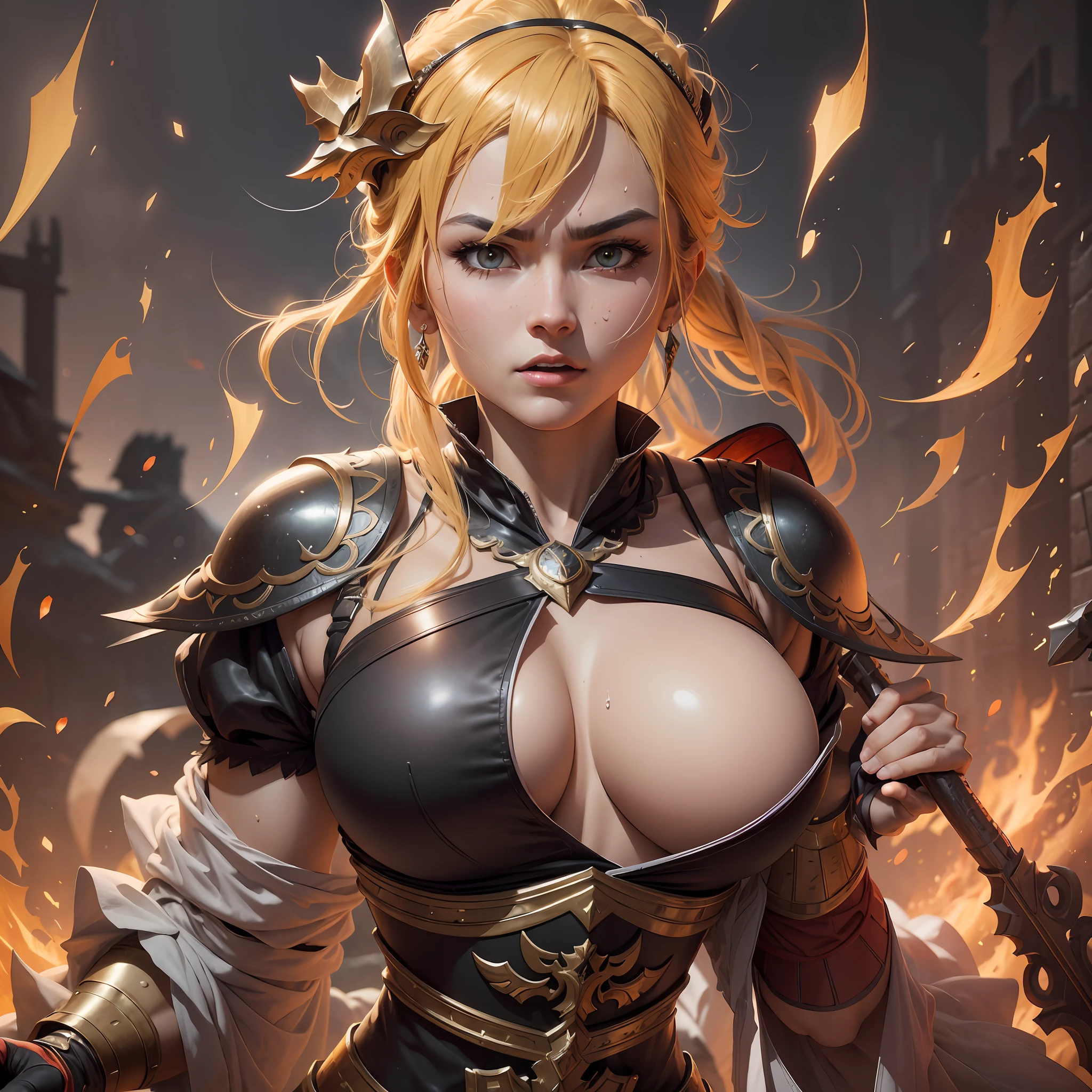 "Master quality, hdri, ultra-detailed 3D models, vibrant and contrasting color appreciation, dynamic and vibrant warrior character pose, realistic armor texture, flowing black hair with smooth details, well-defined and detailed weapons, epic battle scene with heavy rain, dramatic lighting and intense lights, amazing moving action, action-packed film photography style and emotion."