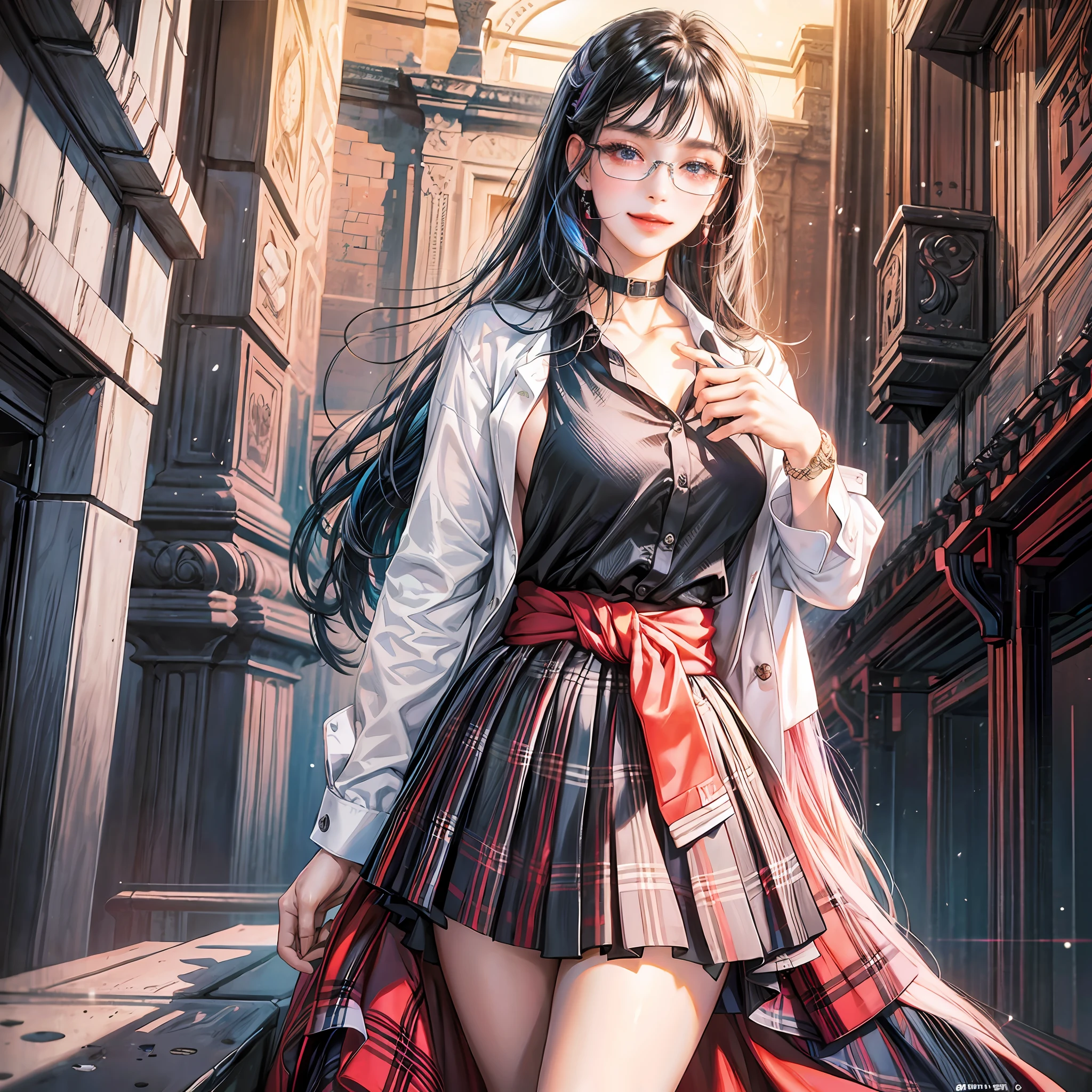 masterpiece, top quality, full body, 1girl, bangs, , red ribbon, black hair, blue skirt, blush, bracelet, glasses, clothes around the waist, collarbone, collar shirt, cowboy shot, dress shirt, iridescent eyes, eyebrows visible through hair, gradient hair, smile, gal, jewelry, kogal, long hair, look at viewer, lab coat, school uniform under lab coat, piercing, plaid skirt, pleated skirt, iridescent eyes, ring, school uniform, shirt, skirt, smile, solo, white shirt, street, sky, cherry, petal, illustration, (Magazine: 1.3), (cover style: 1.3), elegant, woman, vibrant, clothing, posing, frontal, colorful, dynamic, background, element, confidence, expression, retention, statement, accessory, majestic, roll, around, touch, scene, text, cover, bold, eye-catching, title, stylish, font, catchy, headline, bigger, impressive, modern, fashionable, focus, fashion --auto --s2