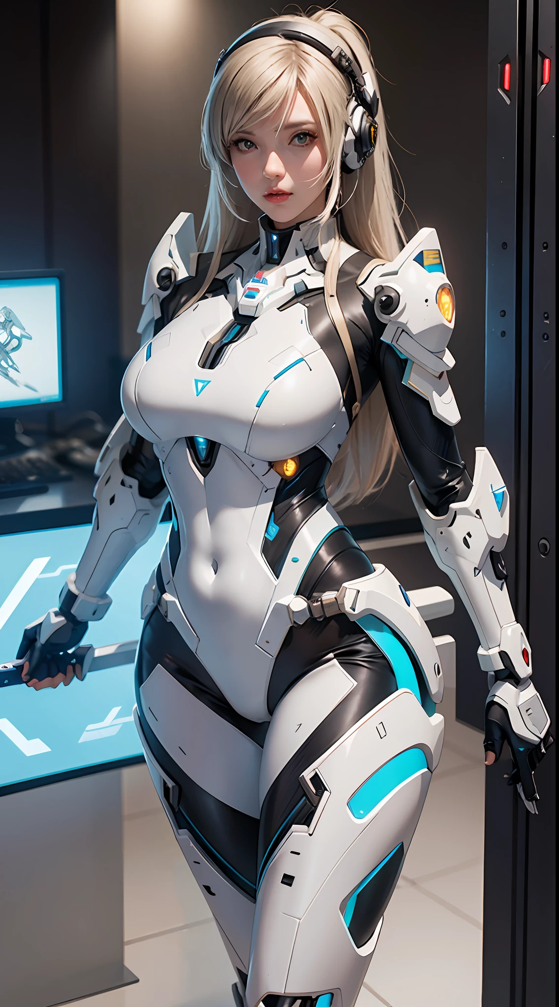 a woman in a futuristic suit with a sword,full-size photograph,Long legs, Slightly chubby,navel,Transparent skin,Perfect body shape,art feminine, Macro distance,mechanized valkyrie girl, ferra white mecha, girl in mecha cyber armor, female mecha, extremely detailed artgerm, echo from overwatch, gorgeous female paladin,Advanced Rendering,depth of field