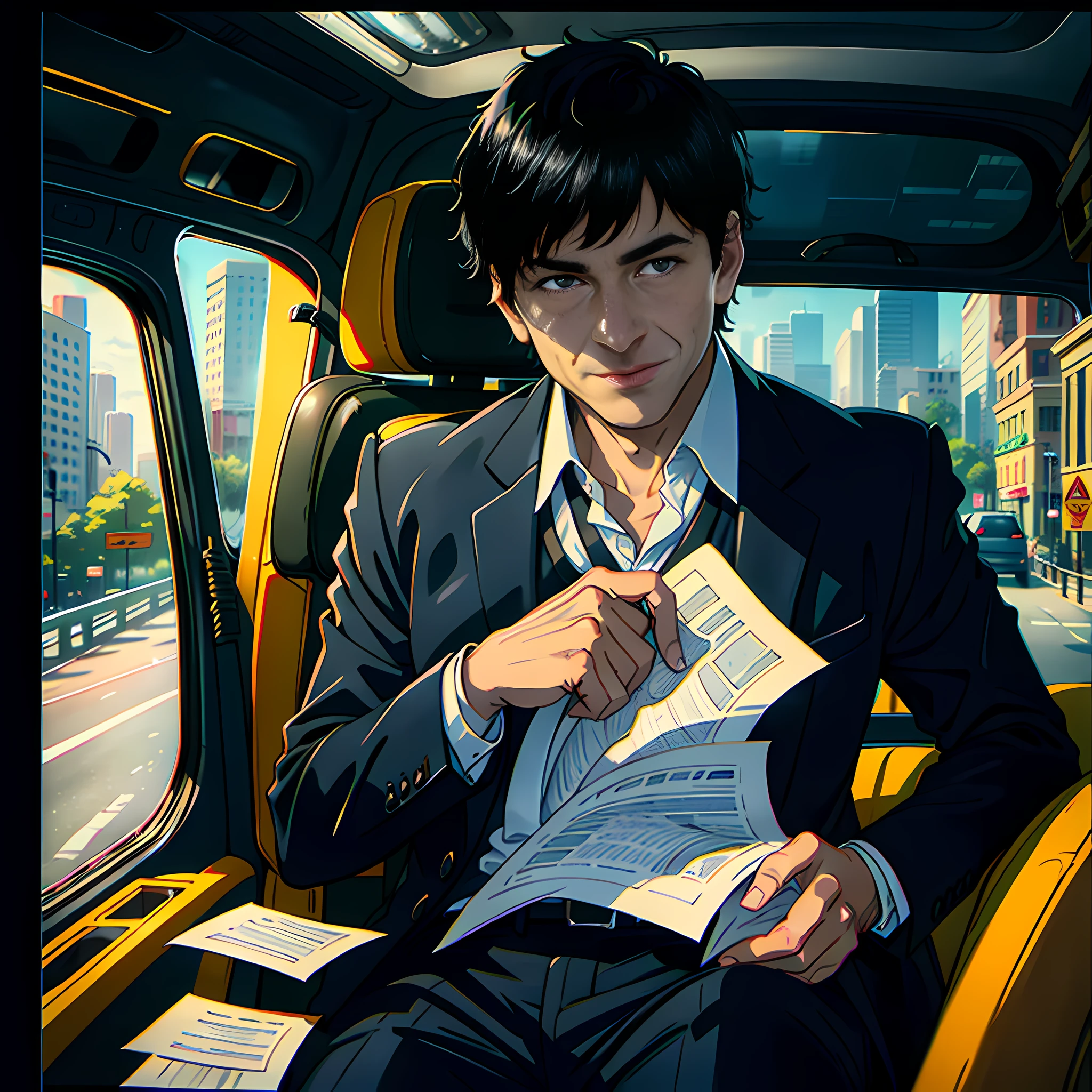 In the back seat of the car, a middle-aged man, holding several pieces of paper in his hand, face super detailed, wearing a suit, short black hair, black eyes, smiling, super high detail, highly realistic, 4K, chiaroscuro, super detail