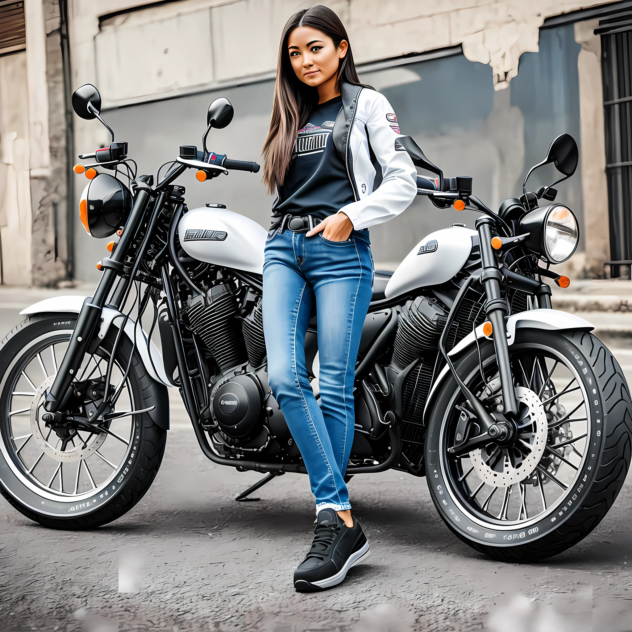 Imagine a woman standing next to a motorcycle. She is full of confidence, her posture is powerful, her eyes are directed forward. Her outfit is casual, with jeans and a T-shirt, and sneakers on her feet. The background is white, emphasizing the contrast with the woman. This scene was shot with a Canon EOS 5D Mark IV DSLR camera, EF 50mm f/1.8 STM lens. It has a resolution of 30.4 megapixels, an ISO sensitivity of 32,000 and a shutter speed of 8000 seconds. --ar 16:9 --v 5.1 --style raw --q 2 --s 750 --auto --s2
