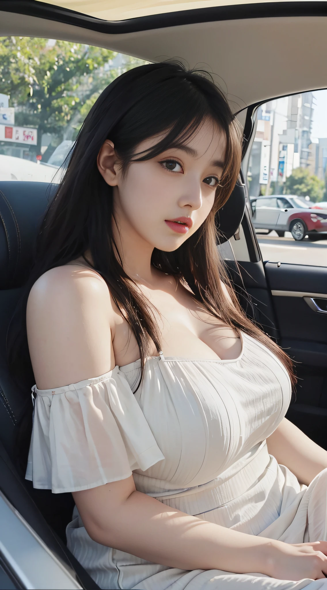 Arapei woman in car, sexy, light dress, tight dress, off-the-shoulder, 2 2 years old, thicc, she is about 26 years old, height 170 cm, Korean, delicate face, realistic, Japanese goddess, pale yellow light, very large breasts --auto --s2