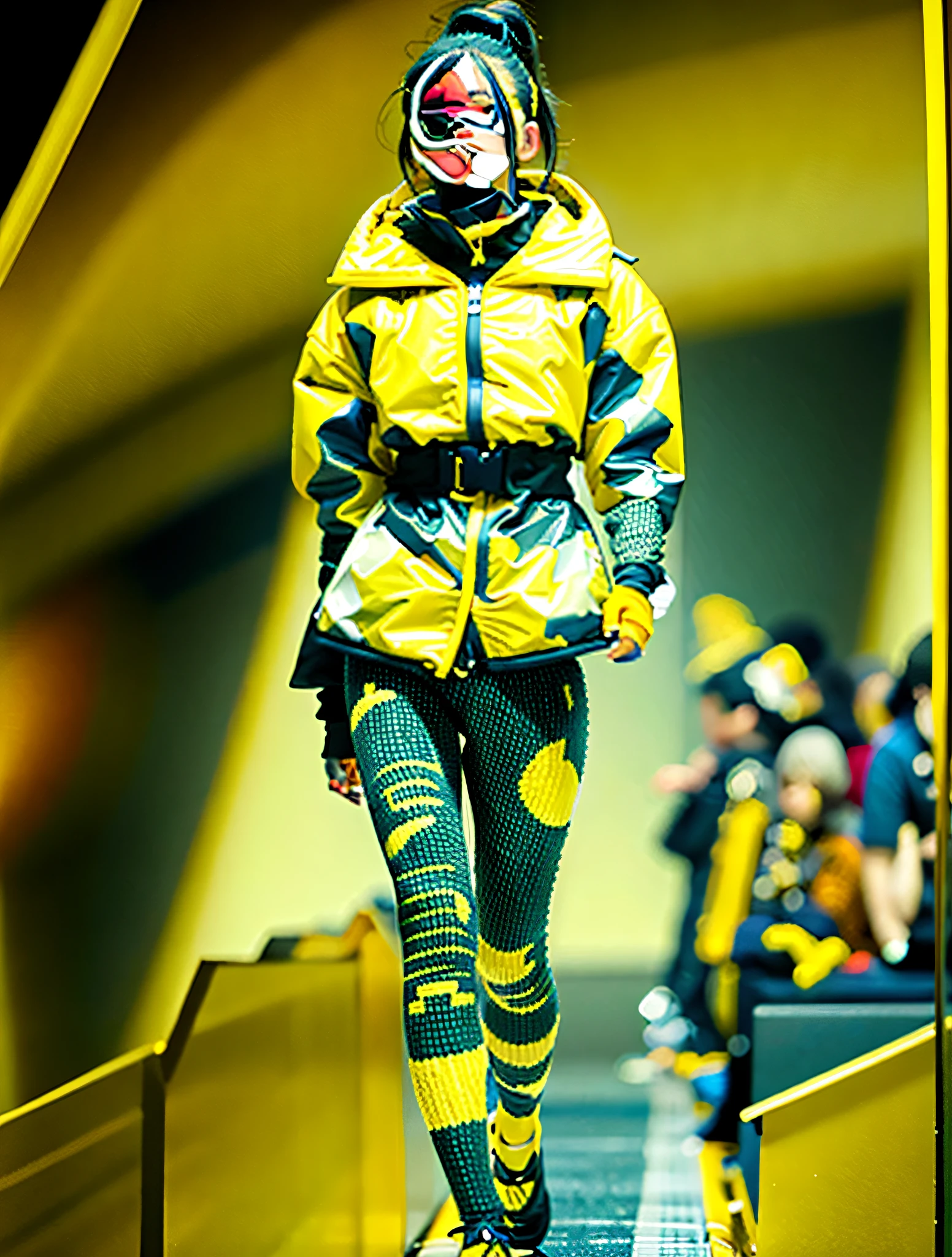 Down jacket, yellow, inflatable, volumetric, exaggerated shape, Kawakubo Rei, runway, high definition, realistic details, high saturation