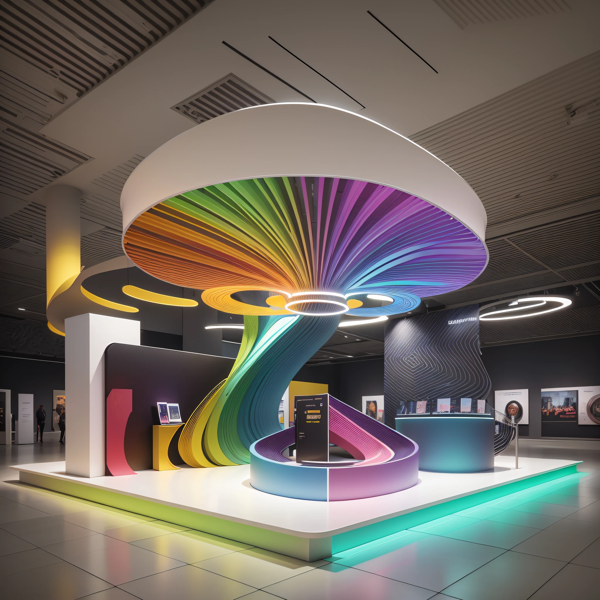Creative design, exhibition hall, exhibition display, space layout, exhibit display, lighting design, color matching, use of technology, large exhibition stand, science and technology booth, rounded corner modeling, suspended ceiling