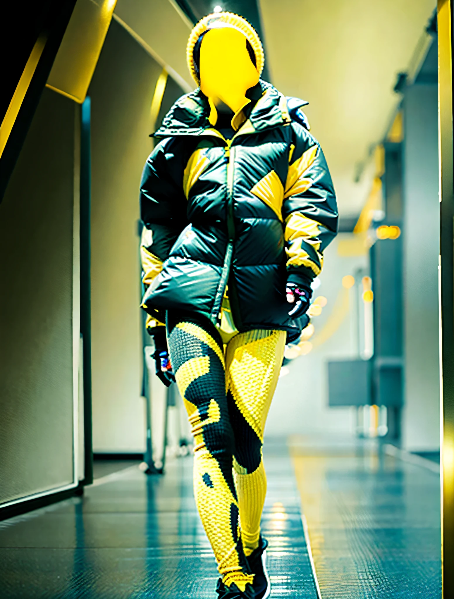 Down jacket, yellow, inflatable, volumetric, exaggerated shape, Kawakubo Rei, runway, high definition, realistic details, high saturation
