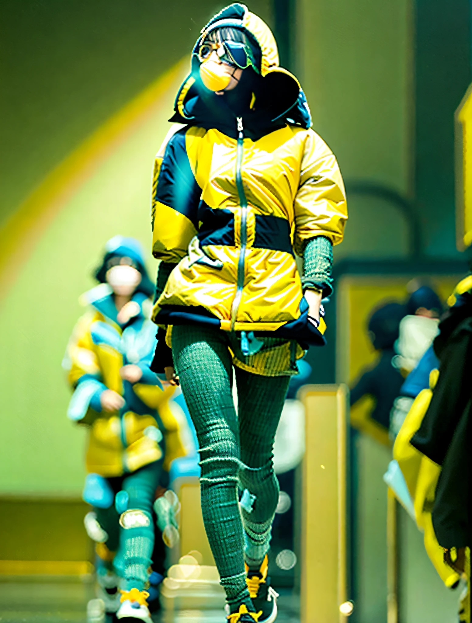 Down jacket, yellow, inflatable, volumetric, exaggerated shape, Kawakubo Rei, runway, high definition, realistic details, high saturation