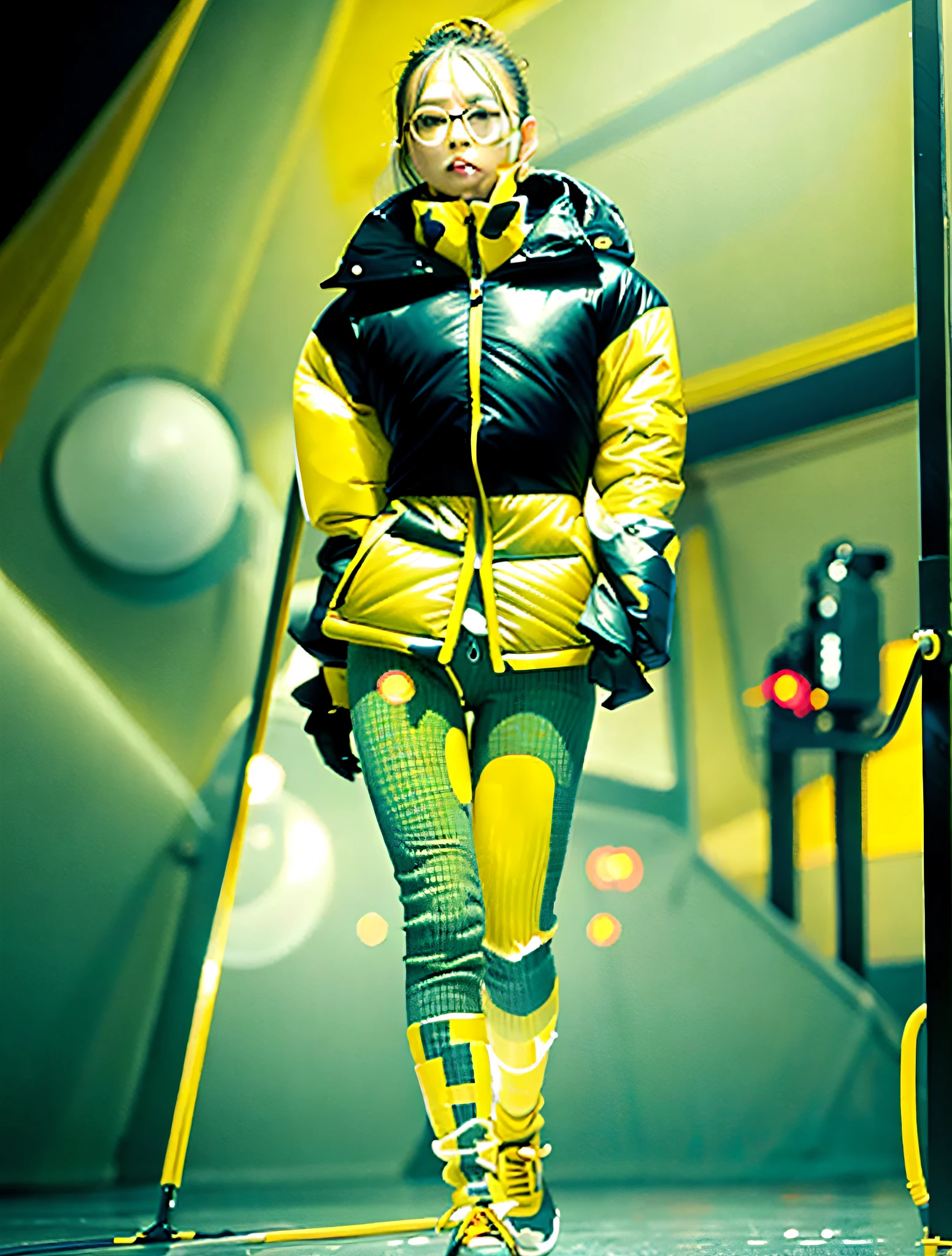 Down jacket, yellow, inflatable, volumetric, exaggerated shape, Kawakubo Rei, runway, high definition, realistic details, high saturation