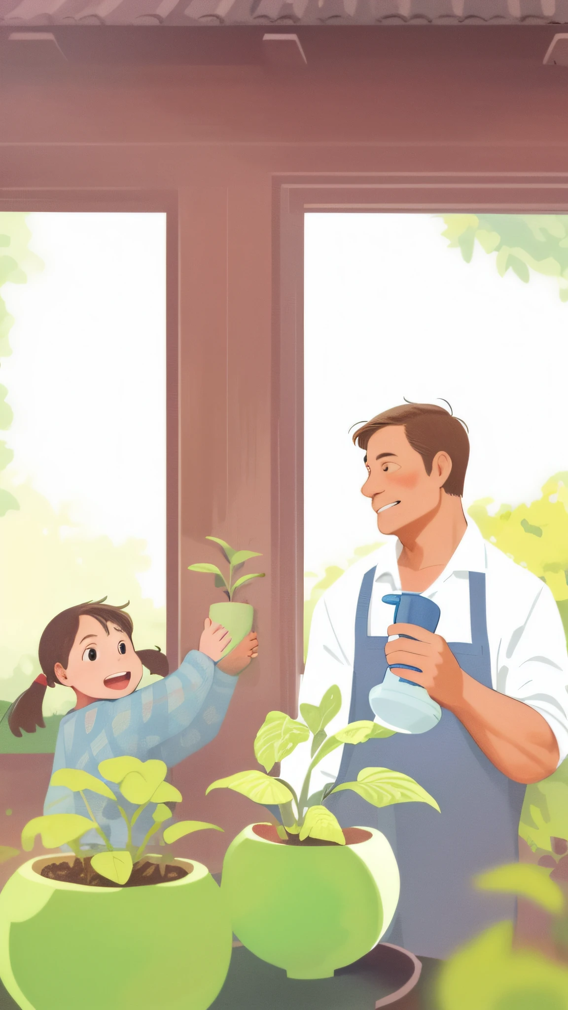 There is a middle-aged man and a little girl watering plants, children's book illustration, children's book illustration, children's book illustration, commercial illustration, children's book illustration, flat illustration, detailed 2D illustration, 2D illustration, 2D illustration, children's book illustration, children's book illustration, illustration, children's illustration, professional illustration --auto --s2
