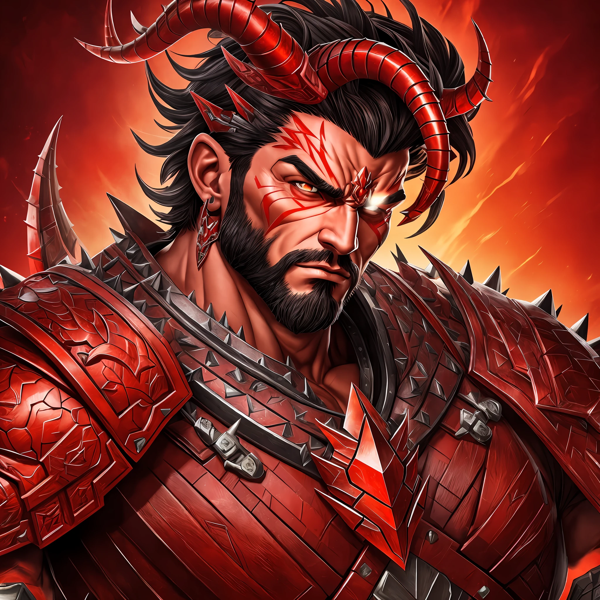Icon of a muscular man with a dragon armor and dragon horns of vibrant red colors, bad guy with a horizontal scar on the nose of medium size, short and smart hair with a spiky lock falling on the face of vibrant red color, ultra realistic with realistic lighting --auto --s2