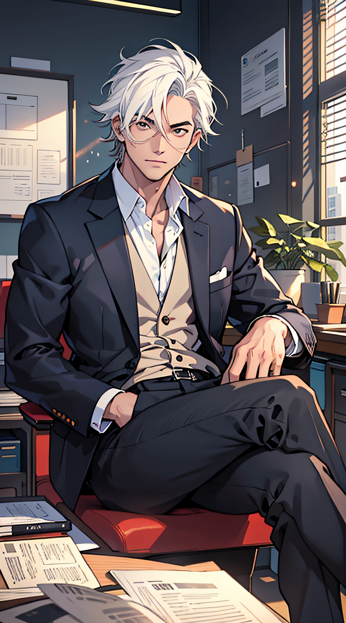 Domineering President, Office in your own office building, Sitting at his desk with Jiro's legs crossed, Wear a suit, male, handsome guy, The face is delicate, Manga illustration style, young, Chinese aesthetic, white hair, mole under eye, serious, high detail, Fauvism, chiaroscuro, cinematic lighting, character chart, UHD, ccurate, 8k --auto --s2