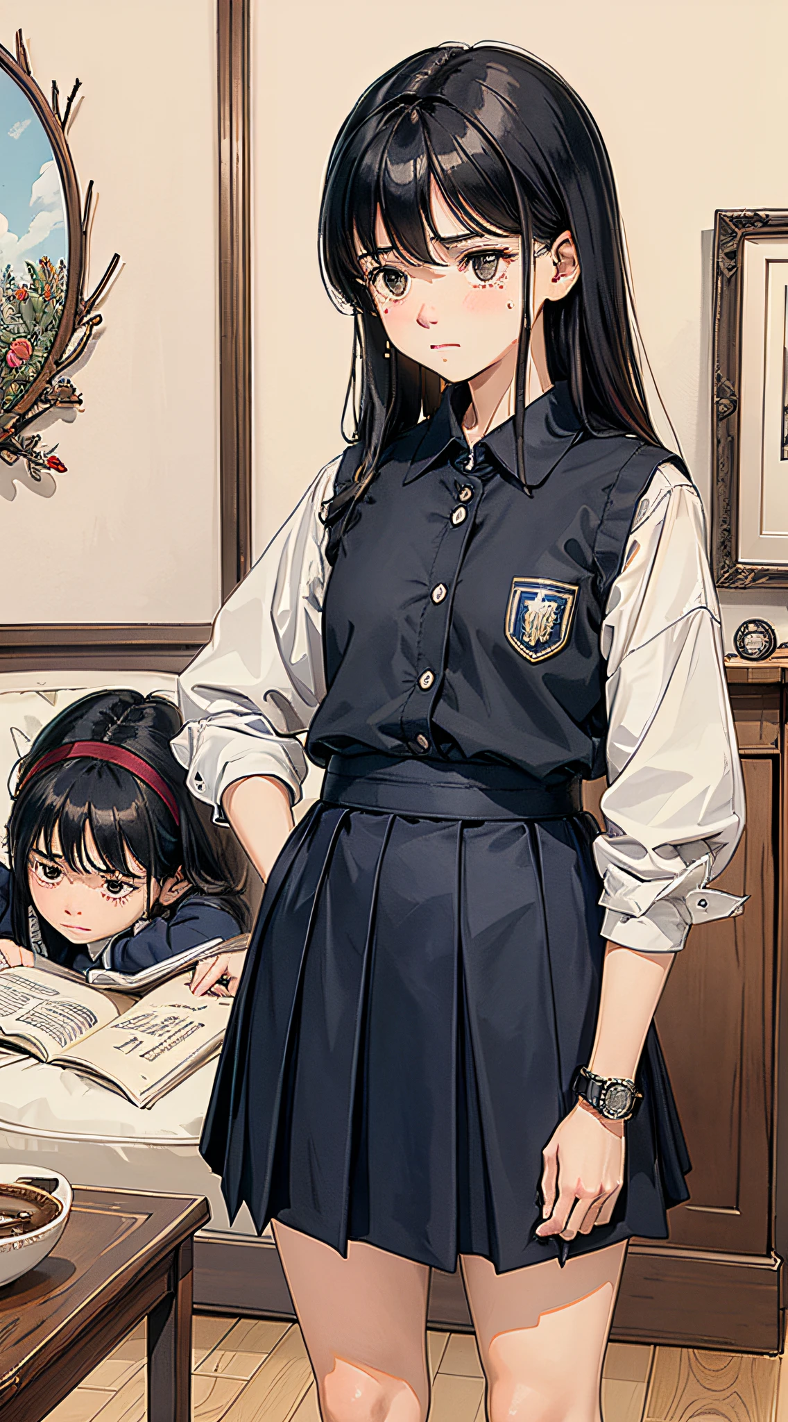 1 girl, middle school student, long black hair, (age: 13-15), (hairstyle: straight), (hair color: black), at home, holding a watch, crying with her head down, tears in the corners of her eyes (expression: sad), (clothing: school uniform), (uniform style: shirt and skirt), (uniform color: navy blue), (accessories: school bag), (background: living room), (furniture: sofa, coffee table), (decoration: family portrait on the wall), (mood: gloomy), (posture: standing), (gesture: holding a watch), (Lighting: Nature), (Mood: Sad), (Composition: Center), (Details: Crumpled Exam Paper), (Interaction: Mother Standing Next to the Girl), (Mother's Expression: Stern), (Atmosphere: Tense Family Environment), (Atmosphere: Family Environment), (Background: Family Environment), (Message: Academic Disappointment), (Sadness: Sagging Shoulders), (Nervousness: Parental Disapproval), (Struggle: Fear of Consequences), (Emotional Turmoil: Inner Conflict)