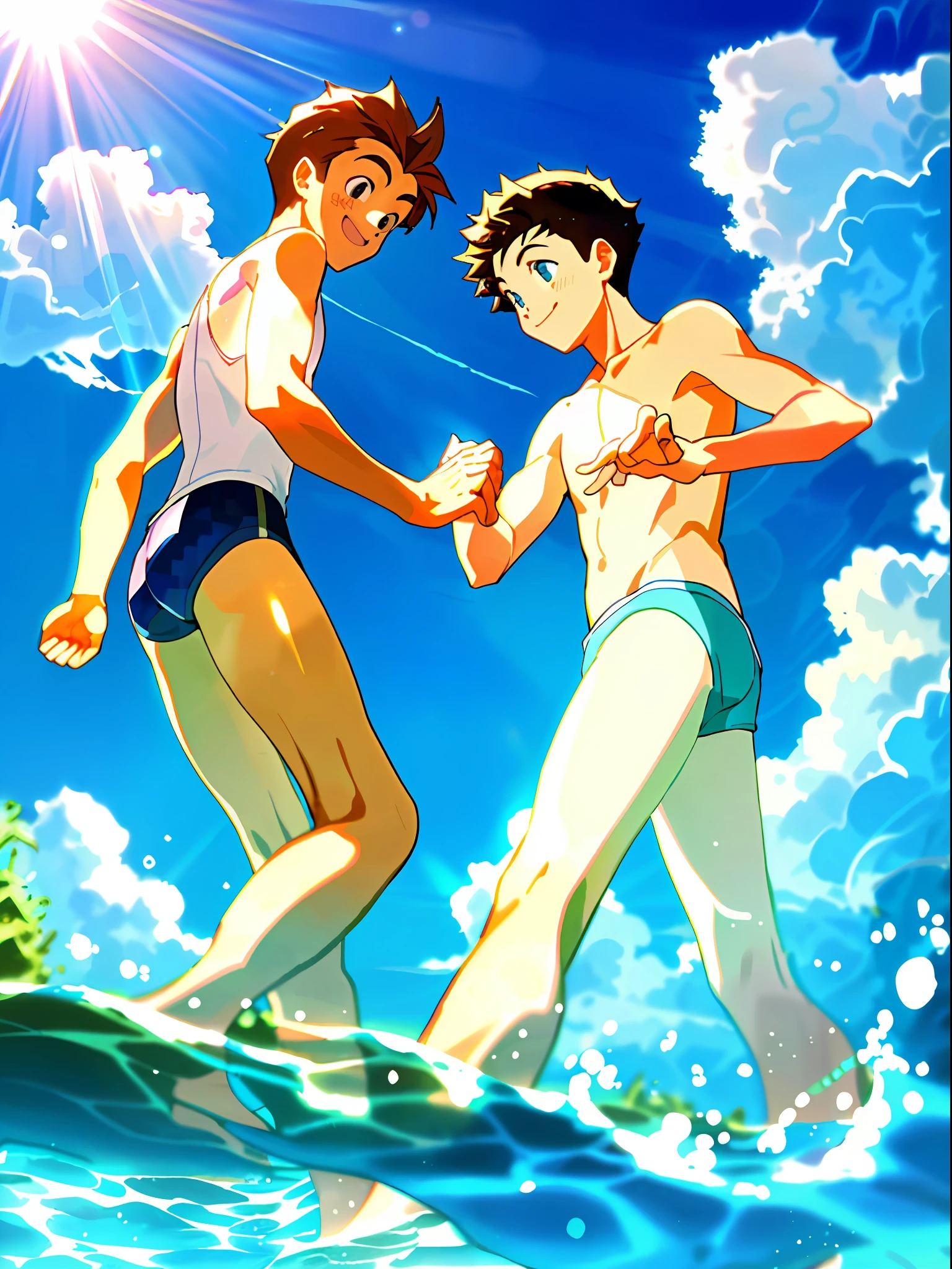 Masterpiece, best quality, 2 boys playing in the water, swimming trunks, clouds, sun, clean blue sky, smile,