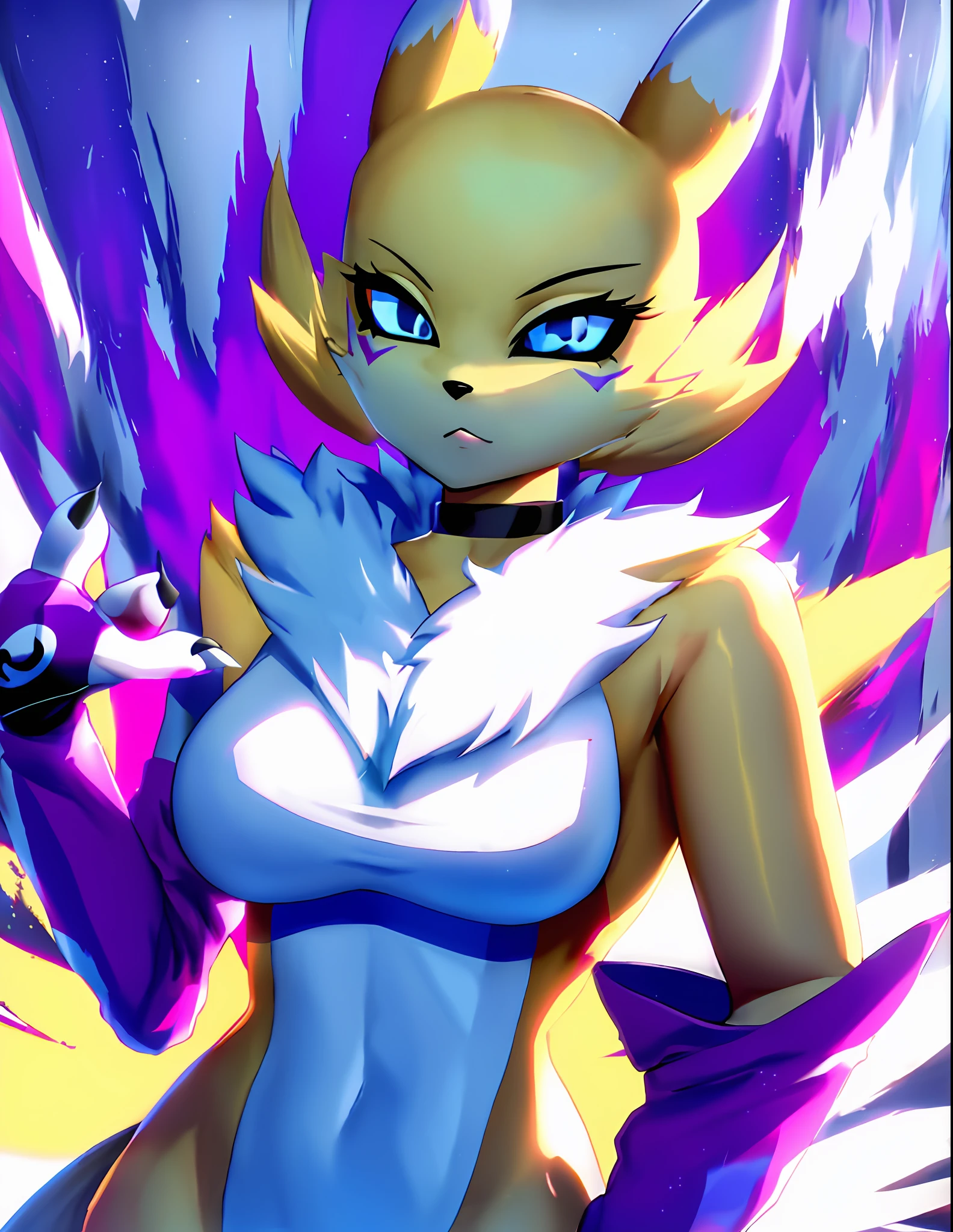 beautiful, masterpiece, simple background, best quality, detailled image, colorfull, vibrant colors, simple background, detailed face, perfect lighting, pefect shadows, perfect eyes, girl focus, perfect hair, blue eyes, pefect face, , big breasts, gorgeous body, hourglass body, shiny body, 1girl, solo, center focus,choker, Renamon, fox ears, naked, tattoo, fox tail, facial mark, fox girl, bridal gauntlets, claws, furry, colored sclera, furry female, black sclera, body fur, white fur, yin yang, animal nose, snout, two-tone fur, digimon (creature), yellow fur, purple sleeves, looking at viewer, half-closed eyes, upper body, cropped torso, aura