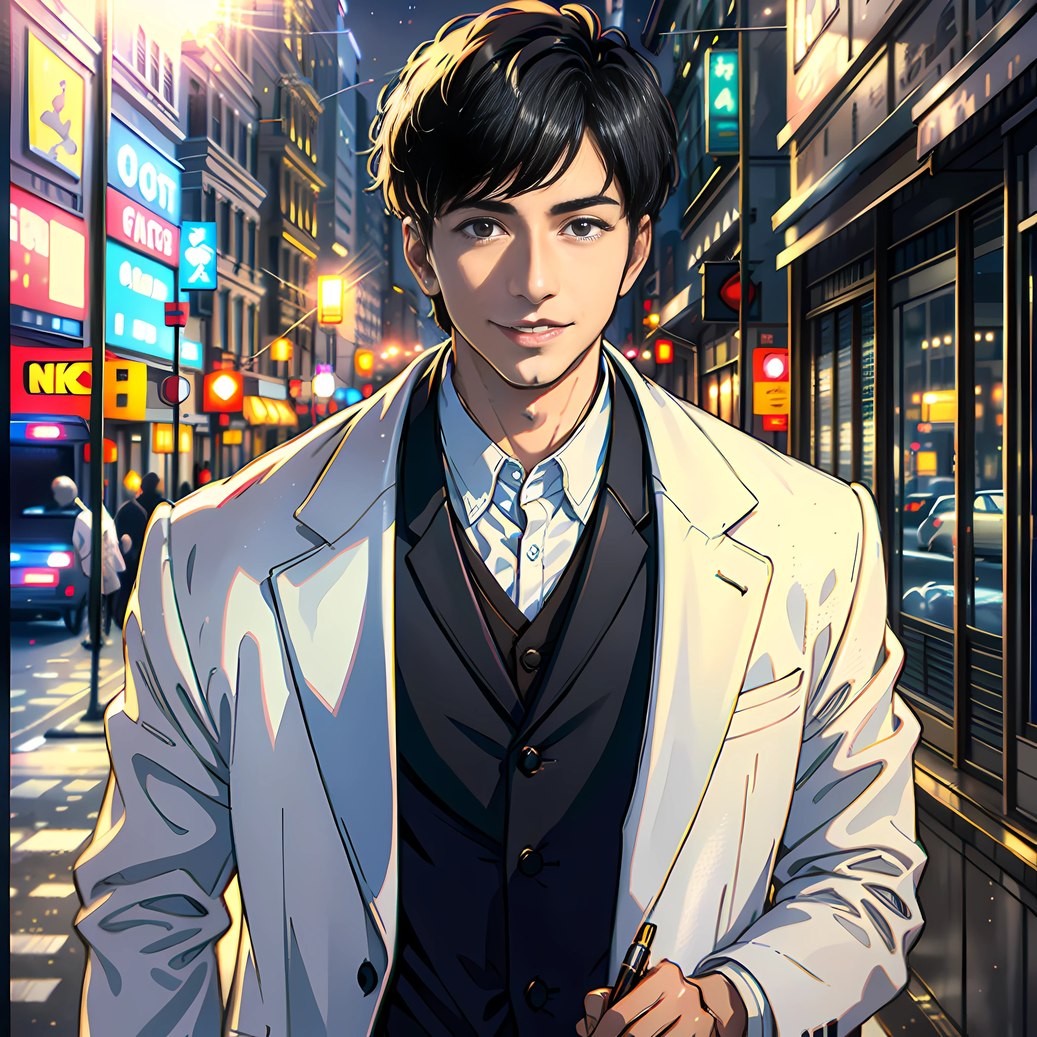 On the street, a handsome boy with a pen in his hand, smiling, white sports coat, short black hair, super high detail, high realism, 4K, chiaroscuro, super detail
