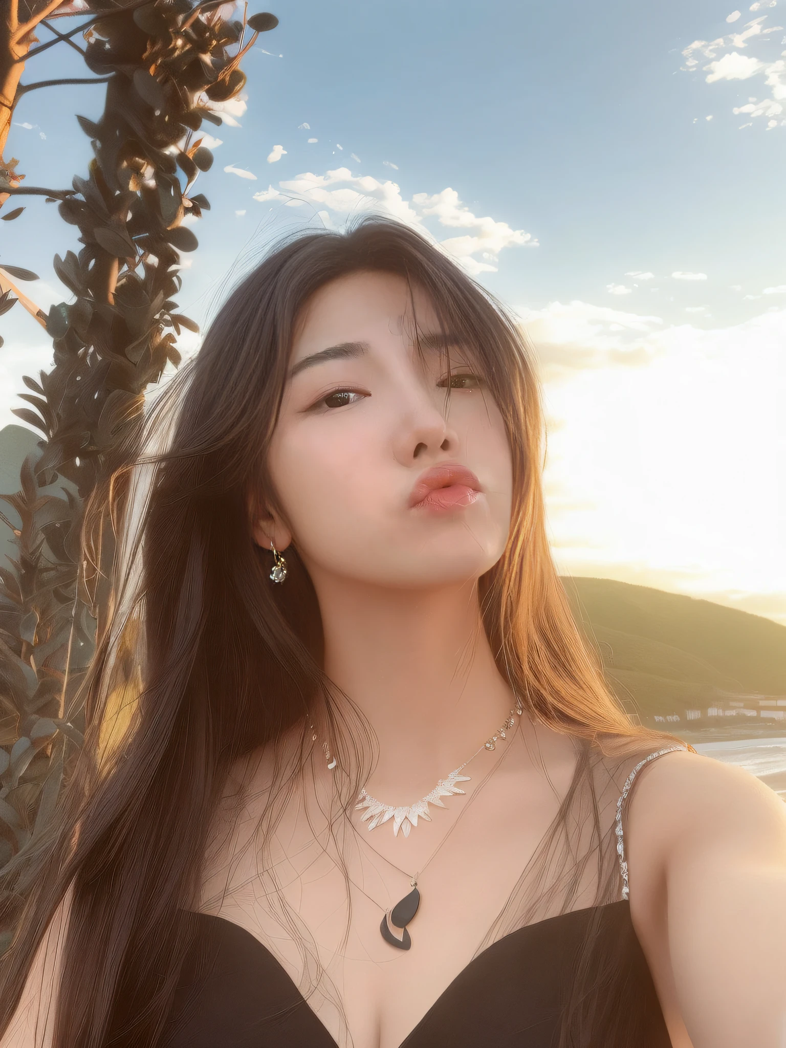 araffe woman with long hair wearing a black dress and a necklace, bae suzy, gorgeous young korean woman, beautiful south korean woman, ulzzang, jinyoung shin, korean girl, beautiful young korean woman, xision wu, sakimichan, 8k selfie photograph, hot with shining sun, 21 years old, 2