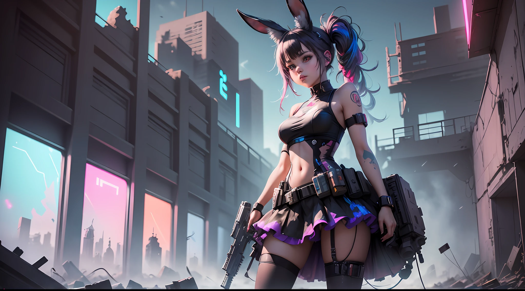 (Digital Art, Ultra HD, Ultra Detail Painting), (High Contrast), Cute Haunted Rabbit, Gun, Concept Art, Girl in Colorful Skirt with Rabbit Ears, Cyberpunk, Ruined Ruins, Battlefield, Neon Color, 16k, Wide Angle --auto --s2