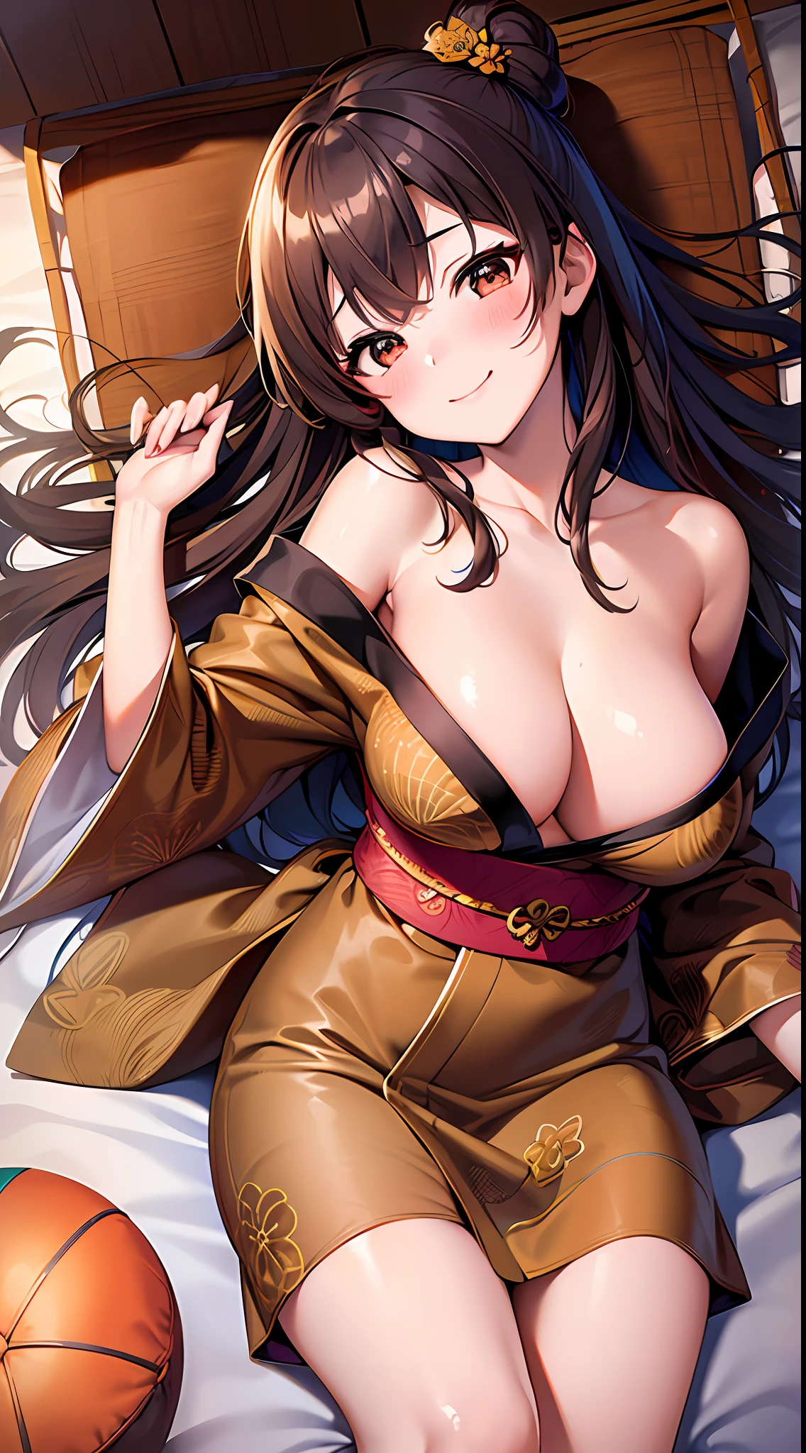 1girl, masterpiece, best quality, medium full shot, brown long hair, off shoulder yukata, (round breasts:1.3), smiling, (blushing:1.2), lying on bed, sexy body, (from above view, pov)