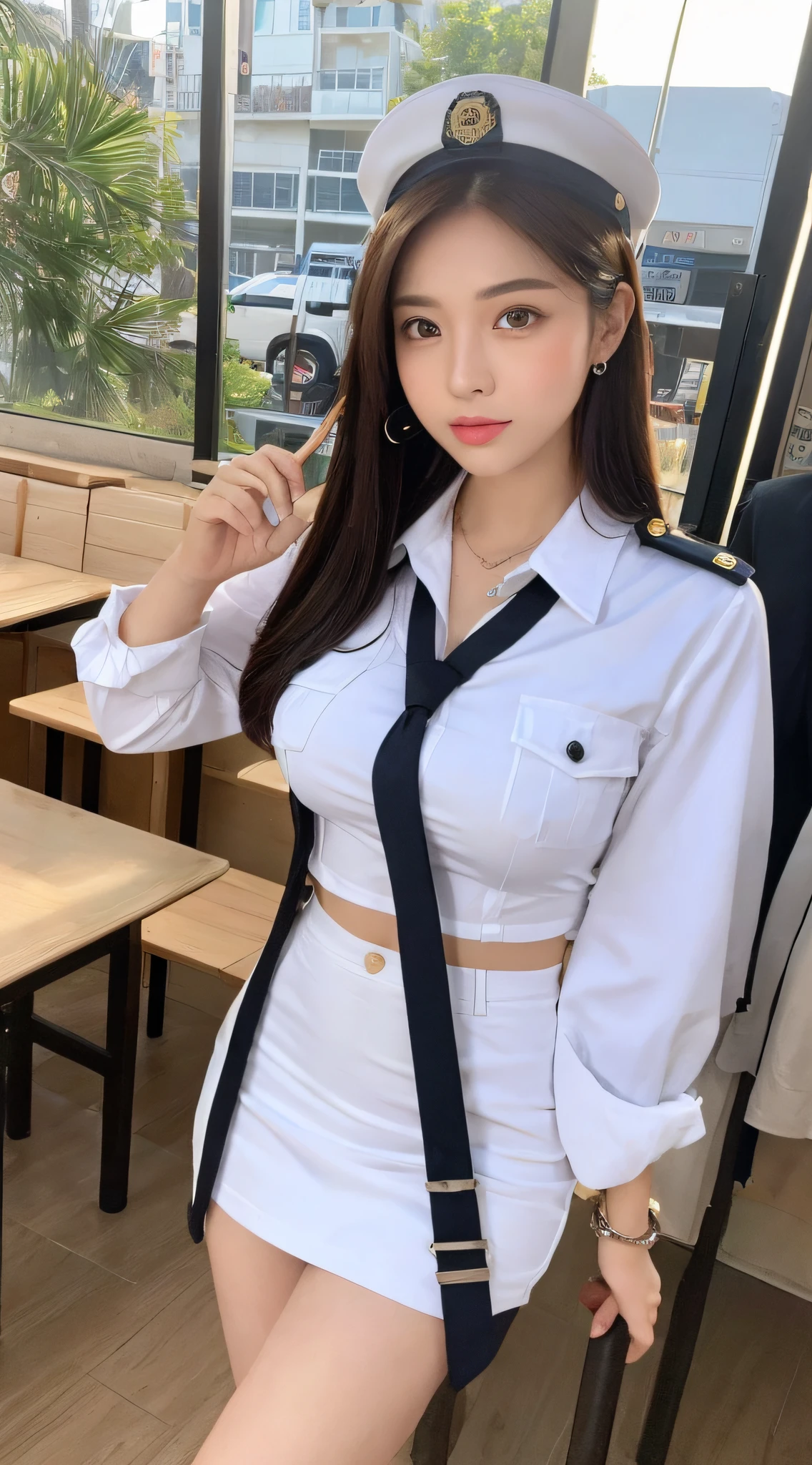 gorgeous chinese model, charming standing pose, dila badil murarat, sexy standing pose, policewoman uniform, police cap, handcuffs, batons, full body fairy, sexy girl, popular in cgstation, wu xisong, chinese girl, sexy appearance, beautiful asian girl, (best quality, 8K, masterpiece: 1.3)), full body (1.2), huge (5), full body, ((long legs)), focal length: 1.4, perfect body beauty: 1.4, slender abs: 1.2, (( Brunette hair, big breasts 1.2)), excellent style, ((melon awl face)), meteor eyebrows, smile, ((big eyes, beautiful pupils)), thick eyelashes, natural makeup,; Policewoman uniform, cap, handcuffs, batons, morning commute, refreshing, eating in the sun across a beachside restaurant