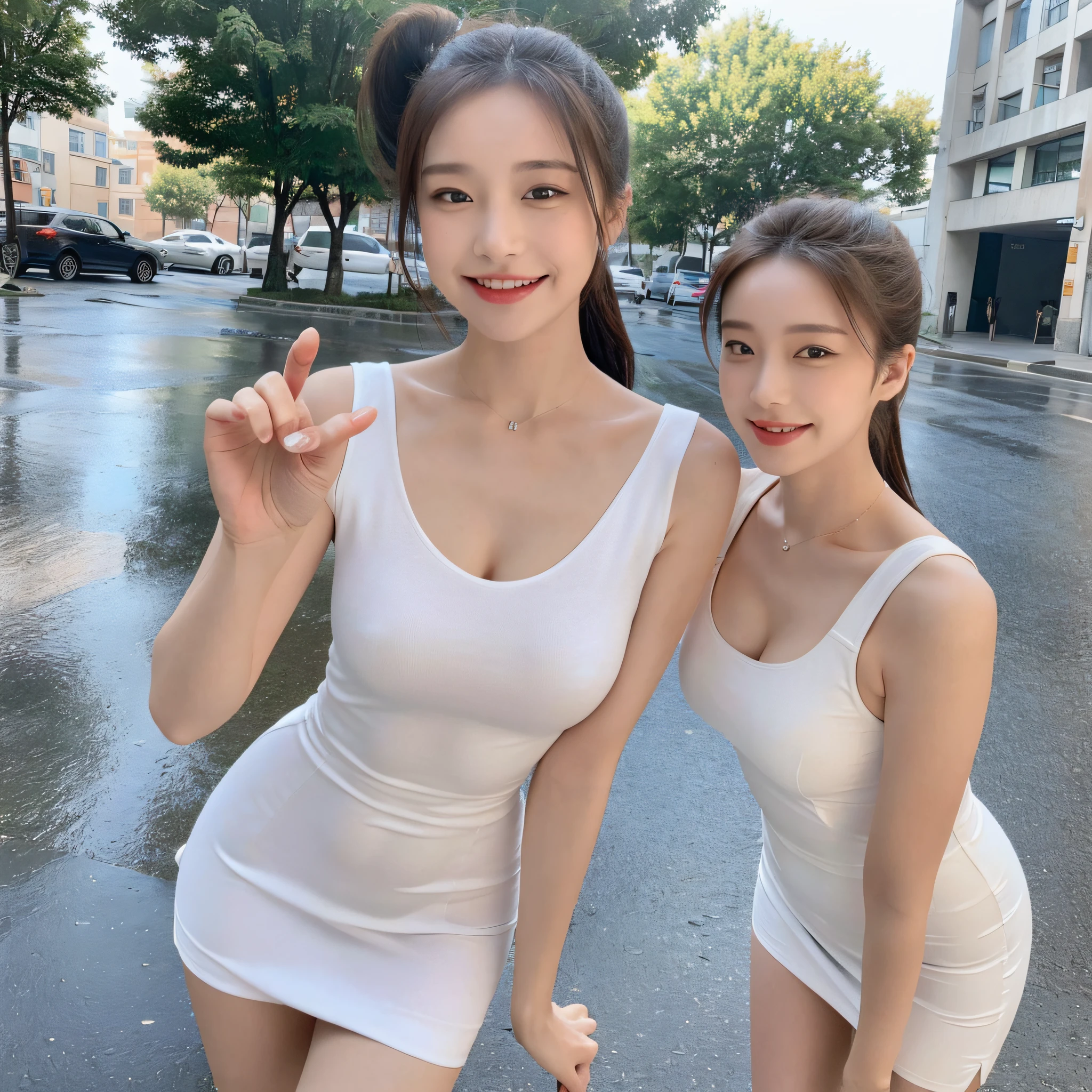 ((Best Quality, 8K, Masterpiece:1.3)), Focus: 1.2, Perfect Body Beauty: 1.4, Buttocks: 1.2, ((High Ponytail, Collarbone: 1.2)), (Short Skirt: 1.1) , (Rain, Street:1.3), Highly detailed face and skin texture, Fine eyes, Double eyelids, Whitened skin, Long hair, smile, Beautiful legs: 1.5, Full body: 1.5, Best proportions of four fingers and one thumb, Smiley face, Face texture: 1.3, Sunshine, Summer, collarbone, beautiful eyes, real face, real skin, realistic face, realistic skin, tight fit, tight summer fashion dress random, background mountain top: 1.5, a girl,