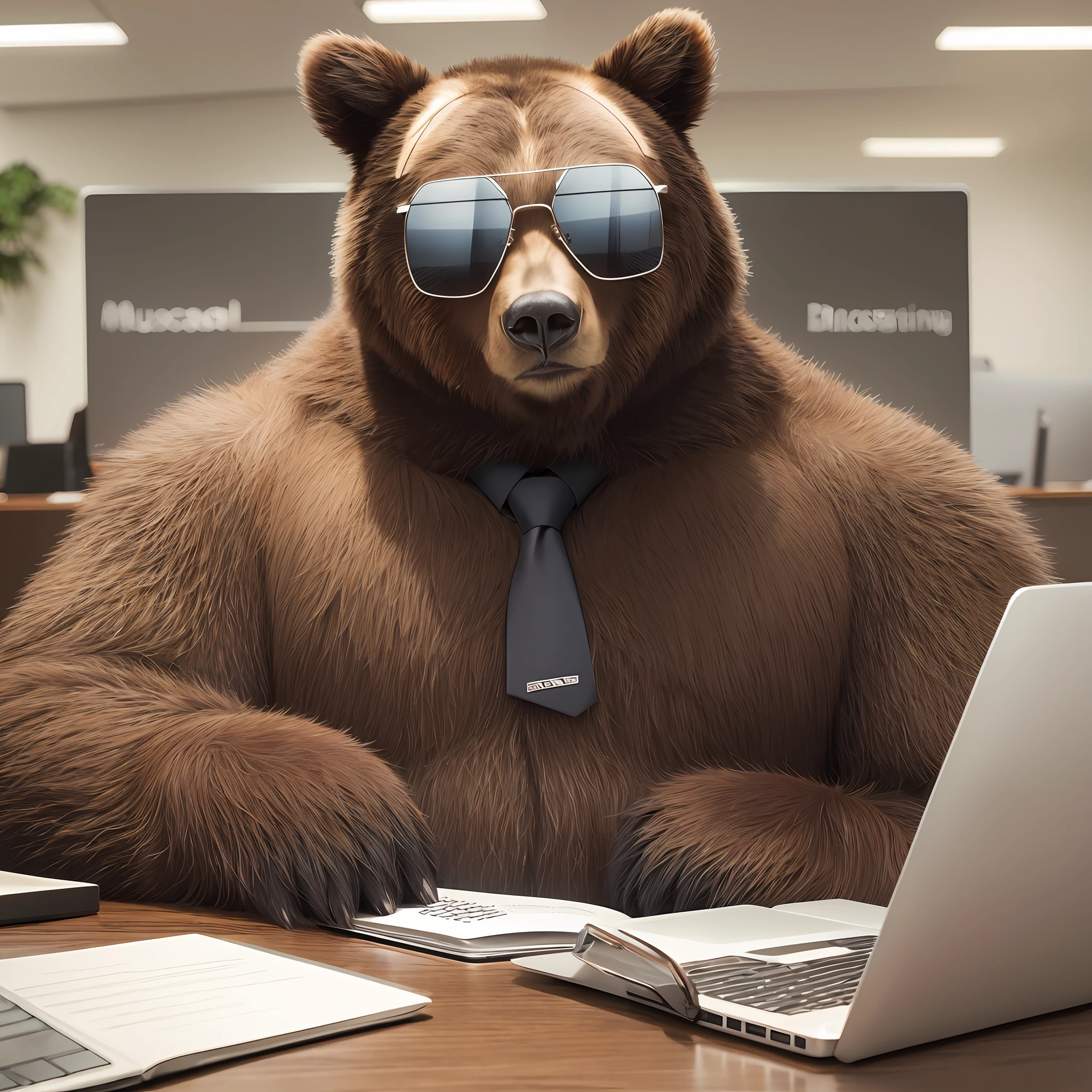 Bear in business suit, bear hands, muscular bear skeleton, bipedal wild bear, office room, computer work, sunglasses,