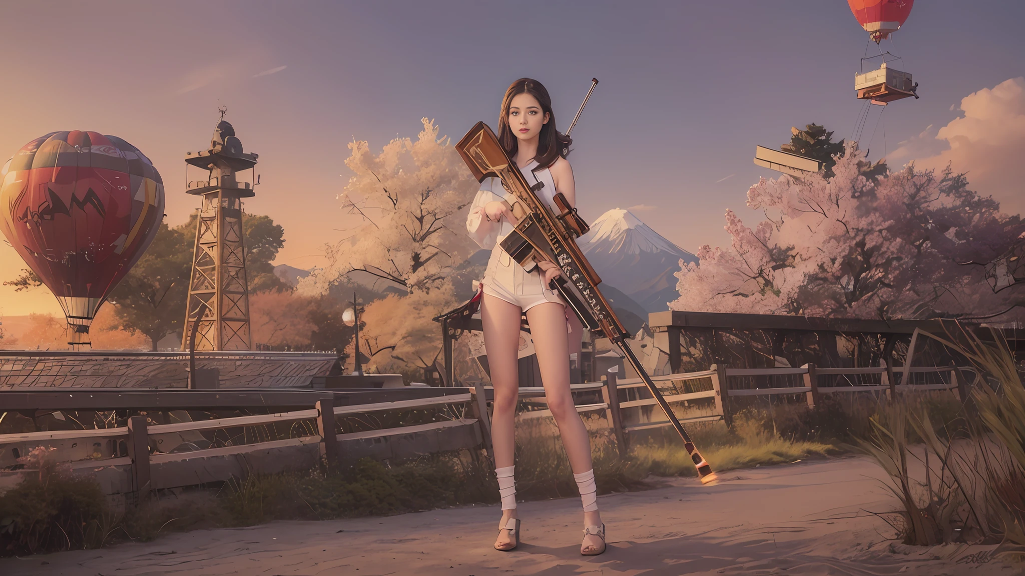 1girl, delicate makeup, delicate skin, highest quality face close-up, beautiful face, female face, close-up, 8k, RAW photo, best picture quality, masterpiece, realism, exquisite makeup holding sniper rifle in hand, Tokyo street, hot air balloon with cherry blossoms and mt. Fuji in the background, close-up, 8k, RAW photo, best picture quality, masterpiece, realism, realism, red rose headdress, split bangs, long hair,