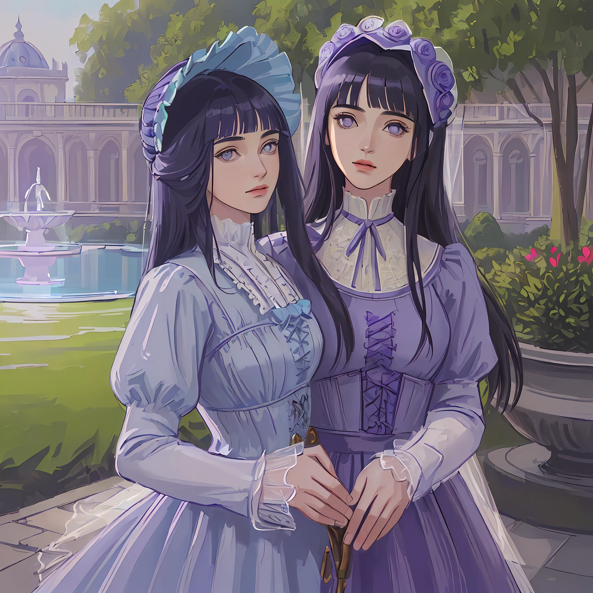 ((((masterpiece)))), (best quality), ((Hyper detailed)), ((High
 detail)), ((Exquisite detail)), (1 girl), (solo), (cowboy shot), (looking
 at viewer),((outside)), (((antique))), ((palace)), ((garden)), ((fountain)),
(flower), ((mature female)),((purple victorian dress)), ((medium breasts)),
((bonnet)), (long hair), hinata/(boruto/), dark blue hair, detailed lips, wavy hair