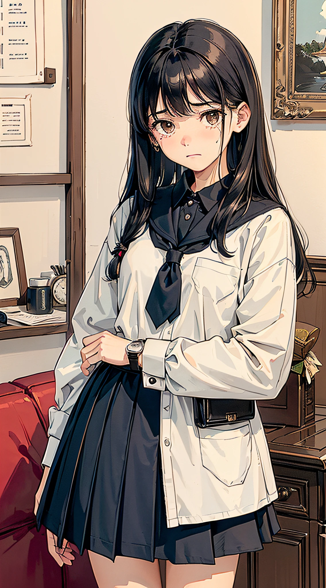 1 girl, middle school student, long black hair, (age: 13-15), (hairstyle: straight), (hair color: black), at home, holding a watch, crying with her head down, tears in the corners of her eyes (expression: sad), (clothing: school uniform), (uniform style: shirt and skirt), (uniform color: navy blue), (accessories: school bag), (background: living room), (furniture: sofa, coffee table), (decoration: family portrait on the wall), (mood: gloomy), (posture: standing), (gesture: holding a watch), (Lighting: Nature), (Mood: Sad), (Composition: Center), (Details: Neat Handwriting on Test Paper), (Interaction: Mother Standing Next to the Girl), (Mother's Expression: Sternest), (Atmosphere: Tense Family Environment), (Atmosphere: Family Environment), (Background: Family Environment), (Message: Academic Disappointment), (Sadness: Sagging Shoulders), (Nervousness: Parental Disapproval), (Struggle: Fear of Consequences), (Emotional Turmoil: Inner Conflict)