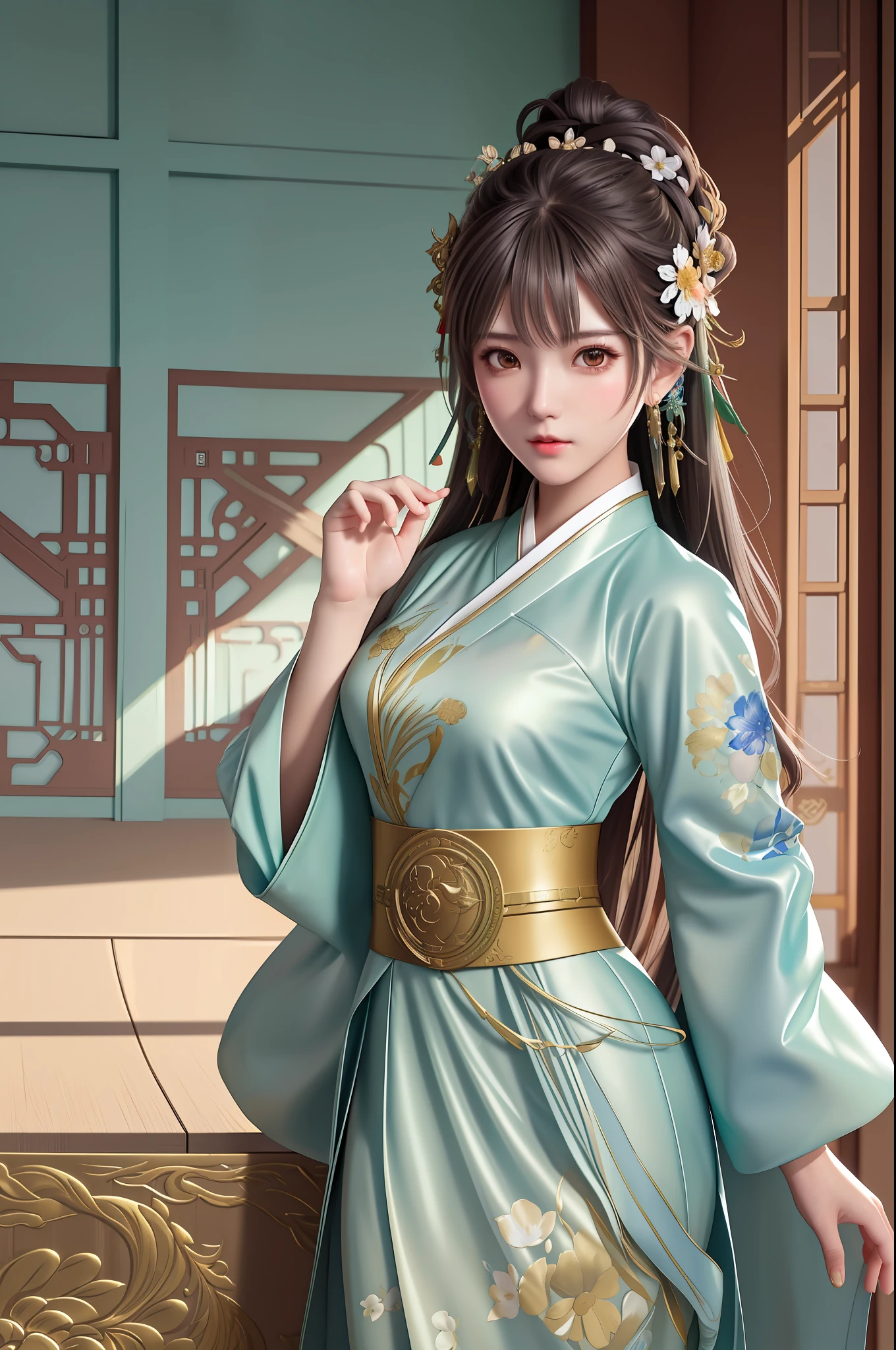 1girl,silver dress,(azur lane\), (Kpop idol), (aegyo sal:1), (light brown short ponytail:0.8), ((puffy eyes)),,hanfugirl,light green hanfu, floral print,best quality, masterpiece, highres,1 girl, beautiful face, chinese clothes with superhero leather uniform, (ultra-detailed metal armor), colorful, painting burst, artstation, concept art, smooth, sharp focus, illustration, background with east asian architecture, art by artgerm and greg rutkowski and alphonse mucha,