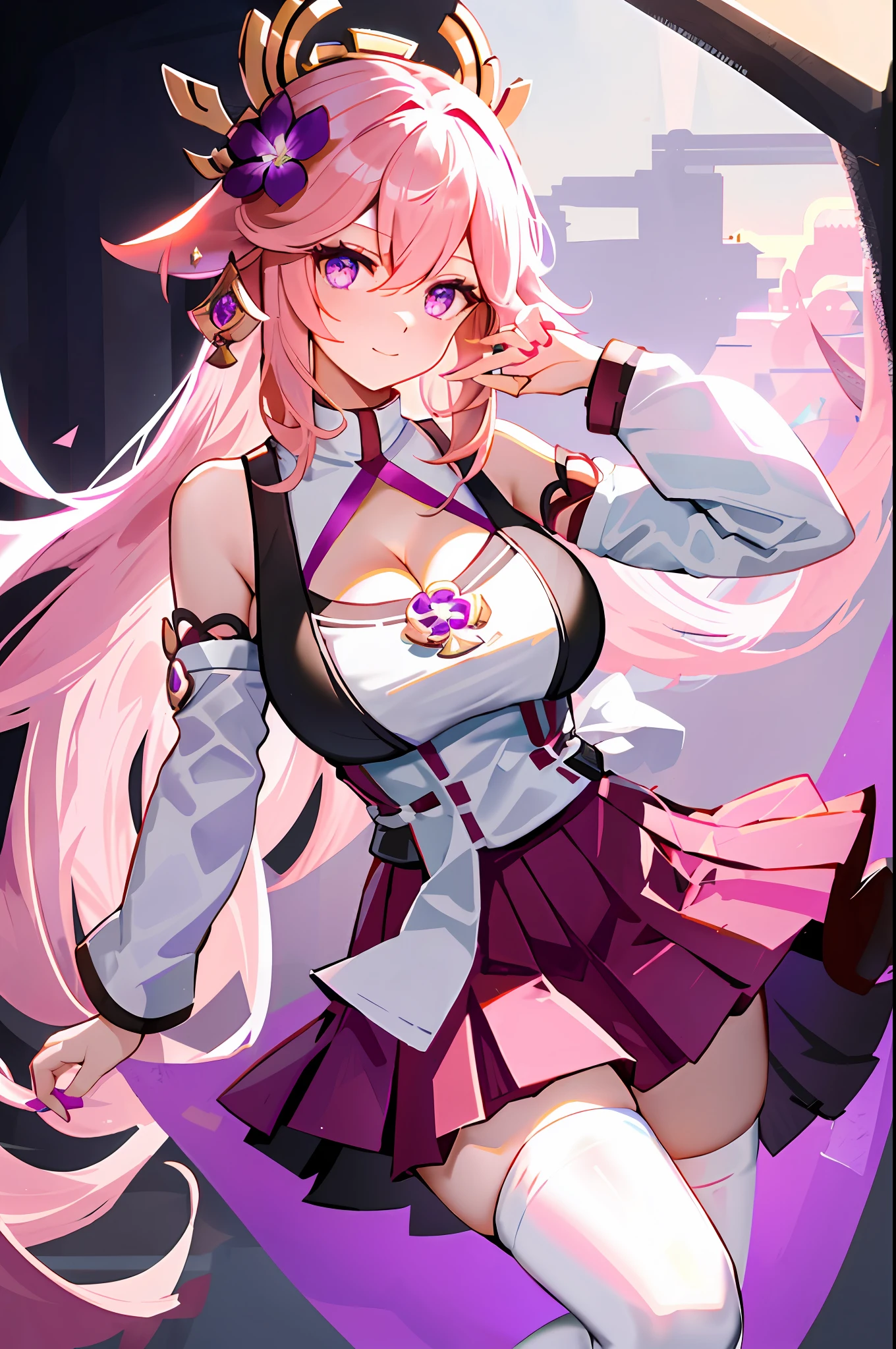 yae miko, 1girl, solo, white shirt, black thighhighs, breasts, cleavage, uniform, office costume, pleated skirt, office, hair between eyes, hair flower, hair ornament, large breasts, long hair, looking at viewer, pink hair, pink nails, purple eyes, solo, thighhighs, thighs, very long hair, ((masterpiece)),